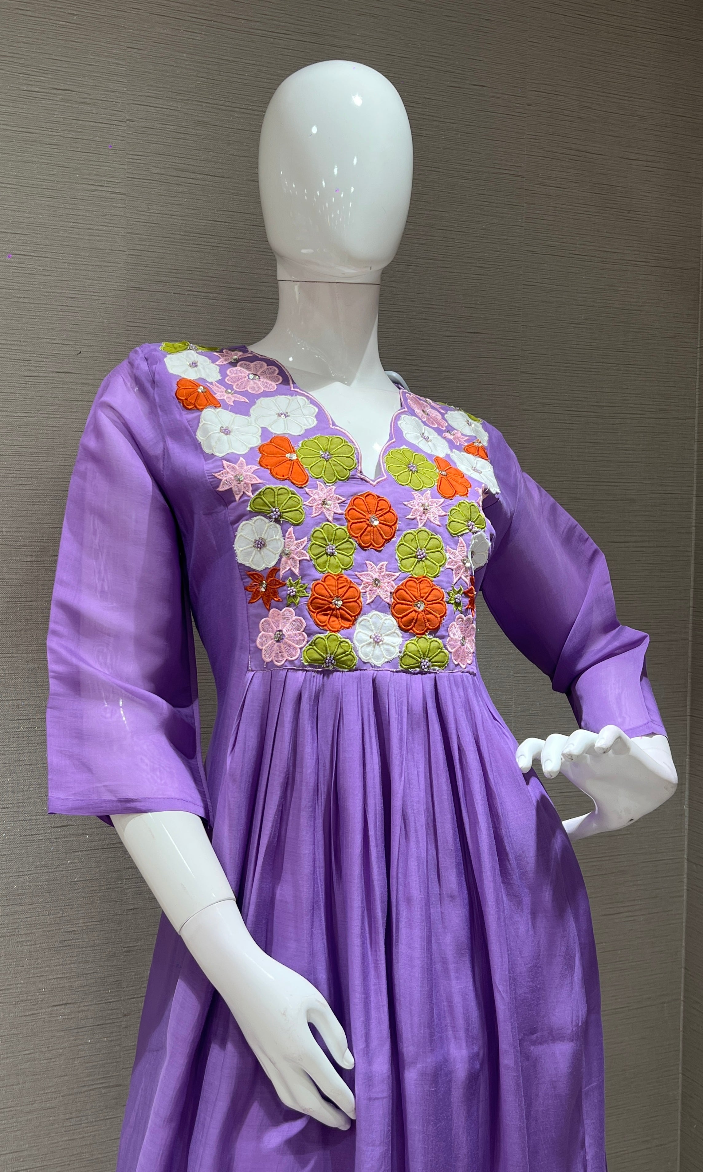 Purple Floral MUL CHANDERI KURTA SET