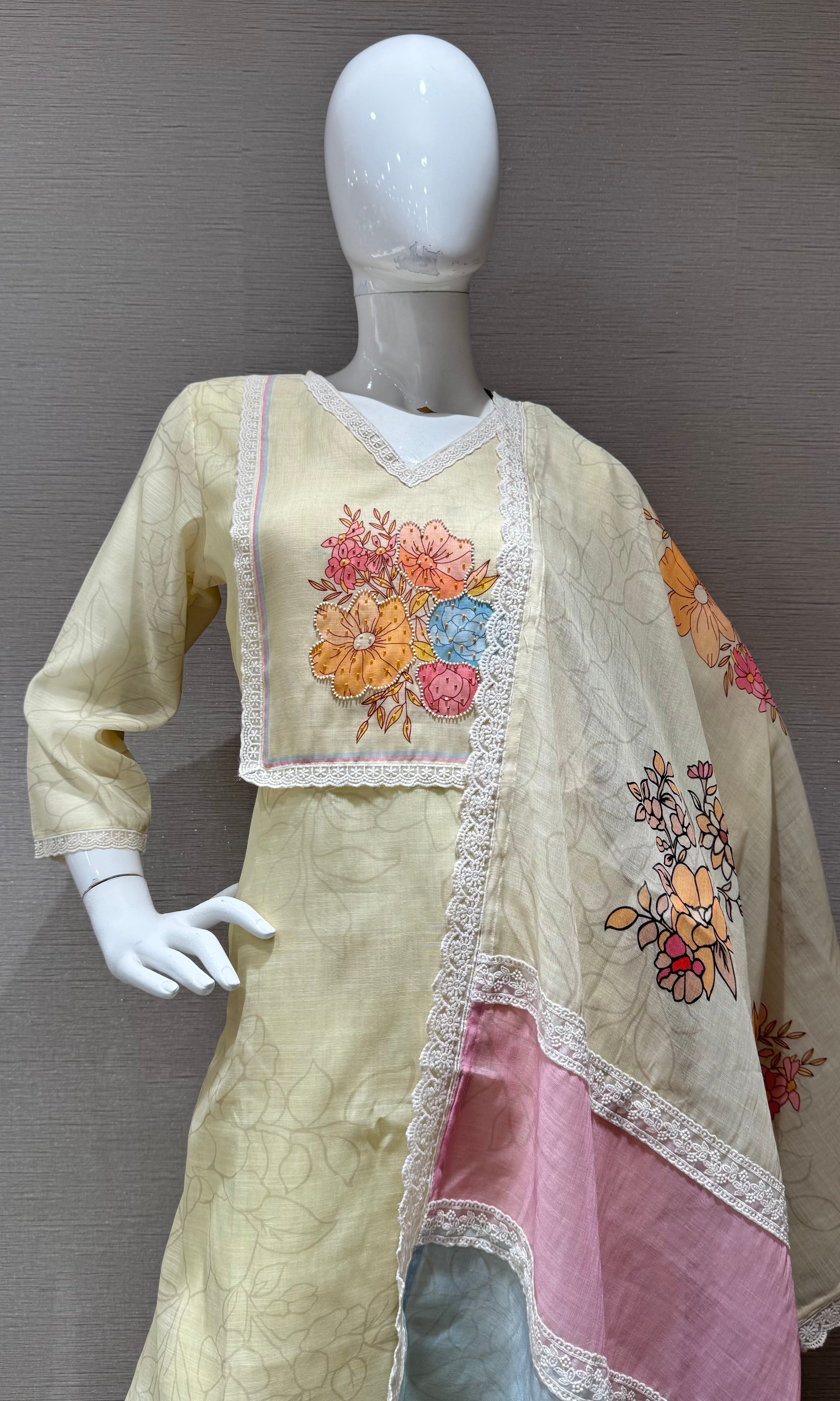 Light Yellow Straight Kurta Set with Multicolor Pastel dupatta