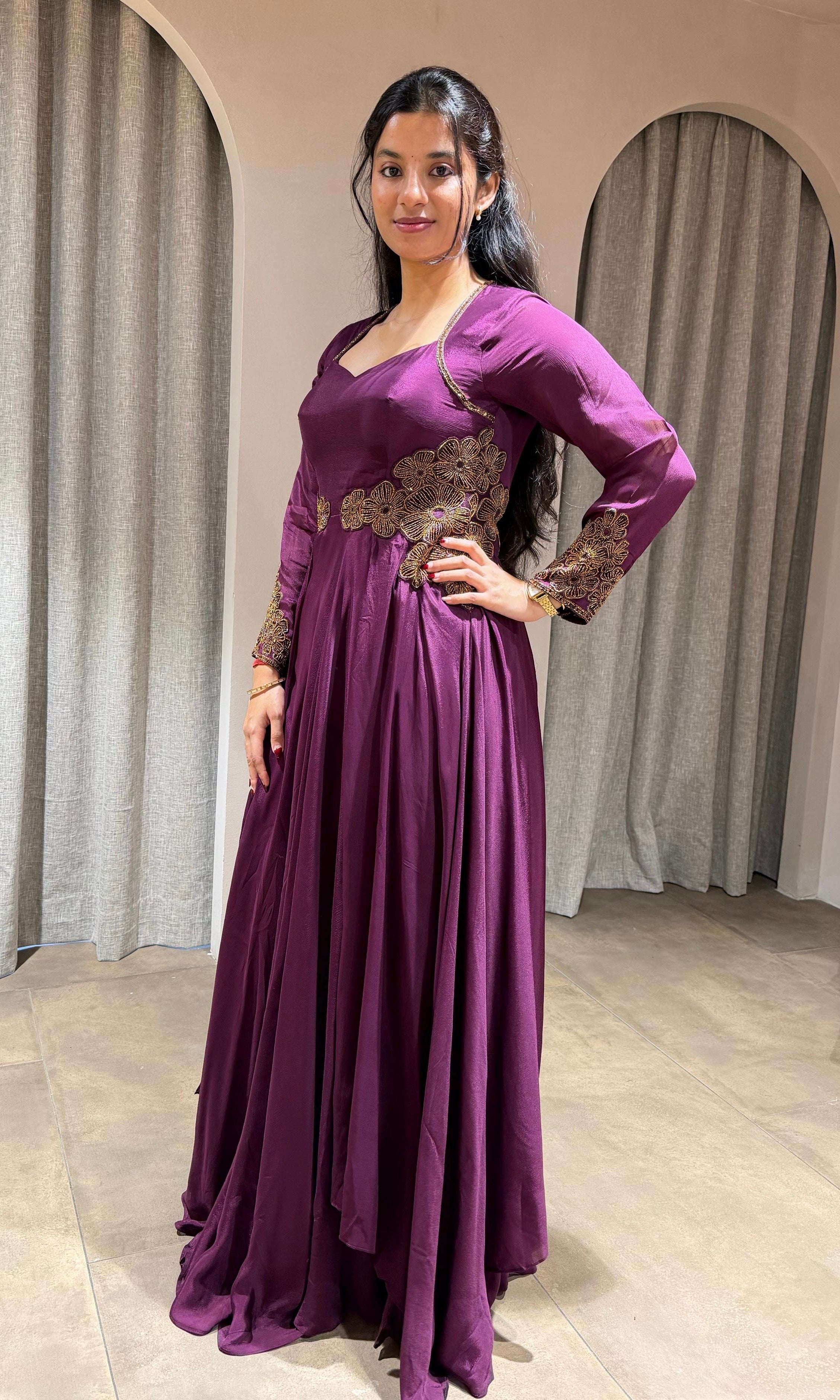 Wine GOLDEN EMBROIDERY LONG ANARKALI GOWN