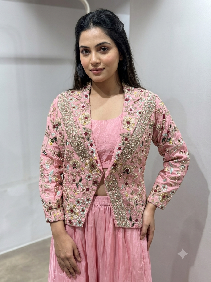 Pink Floral Embroidered Jacket palazzo Suit