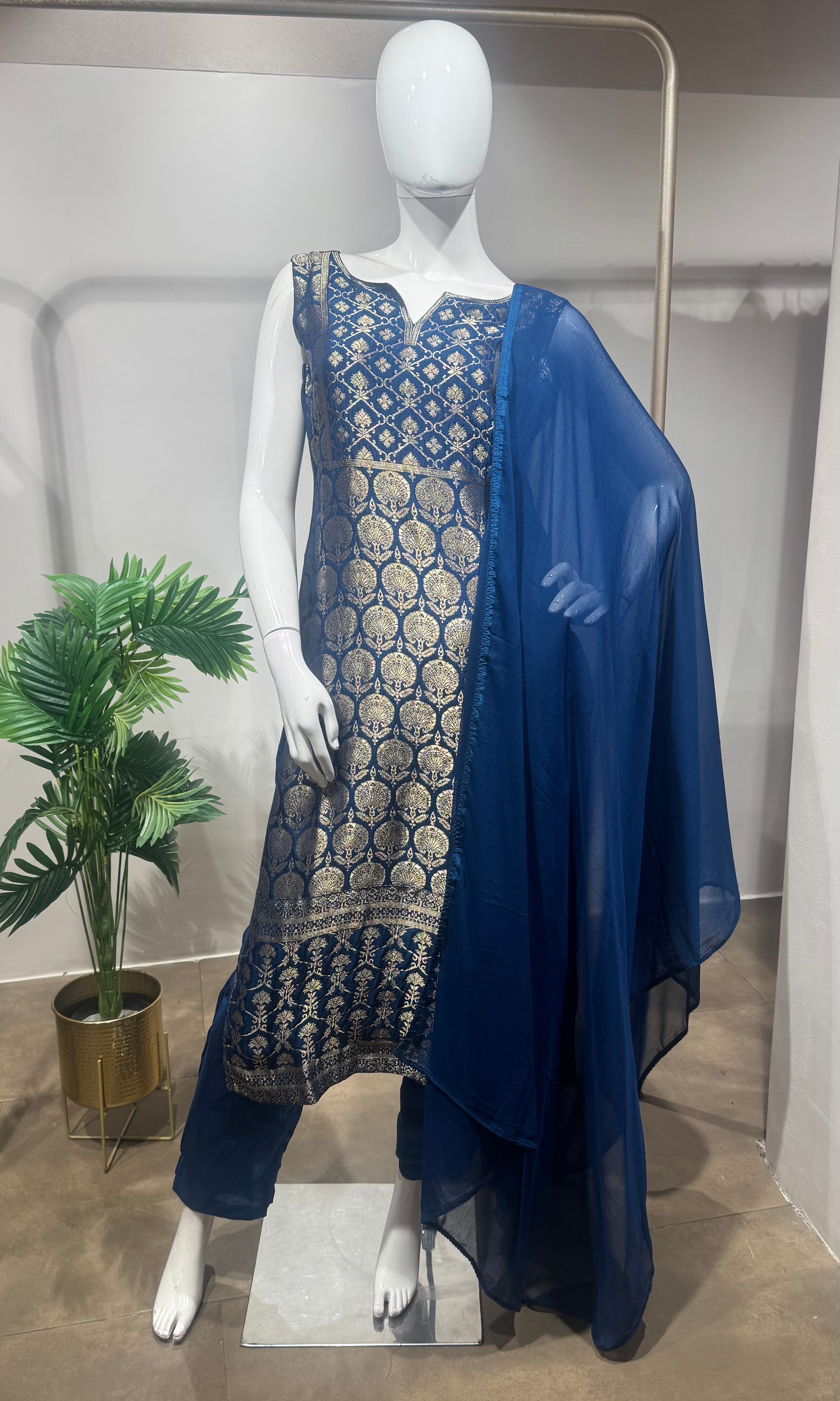 Blue golden banarasi kurta set