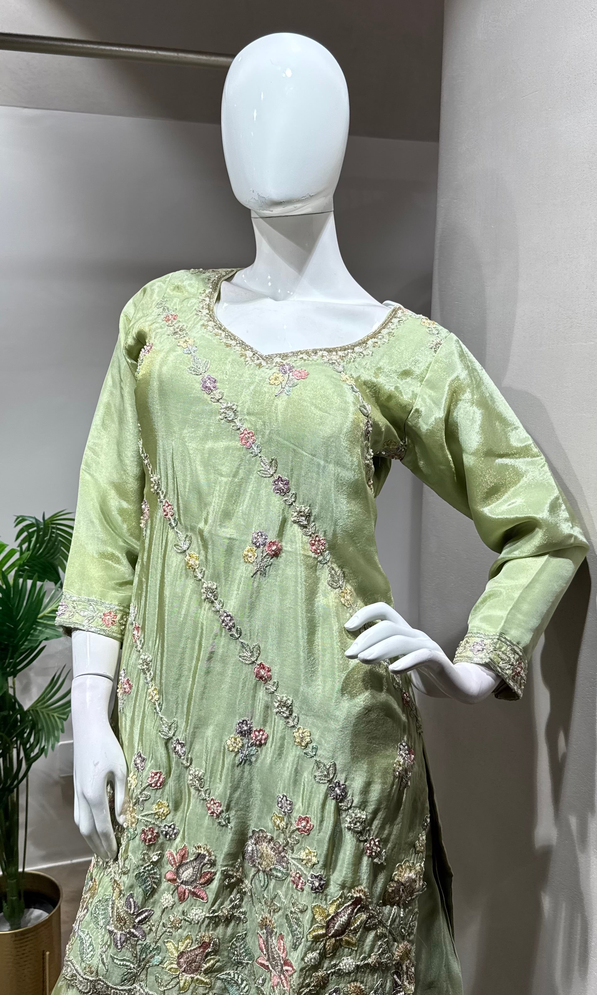 Pista Green Embroidered Shimmer silk Sharara Set