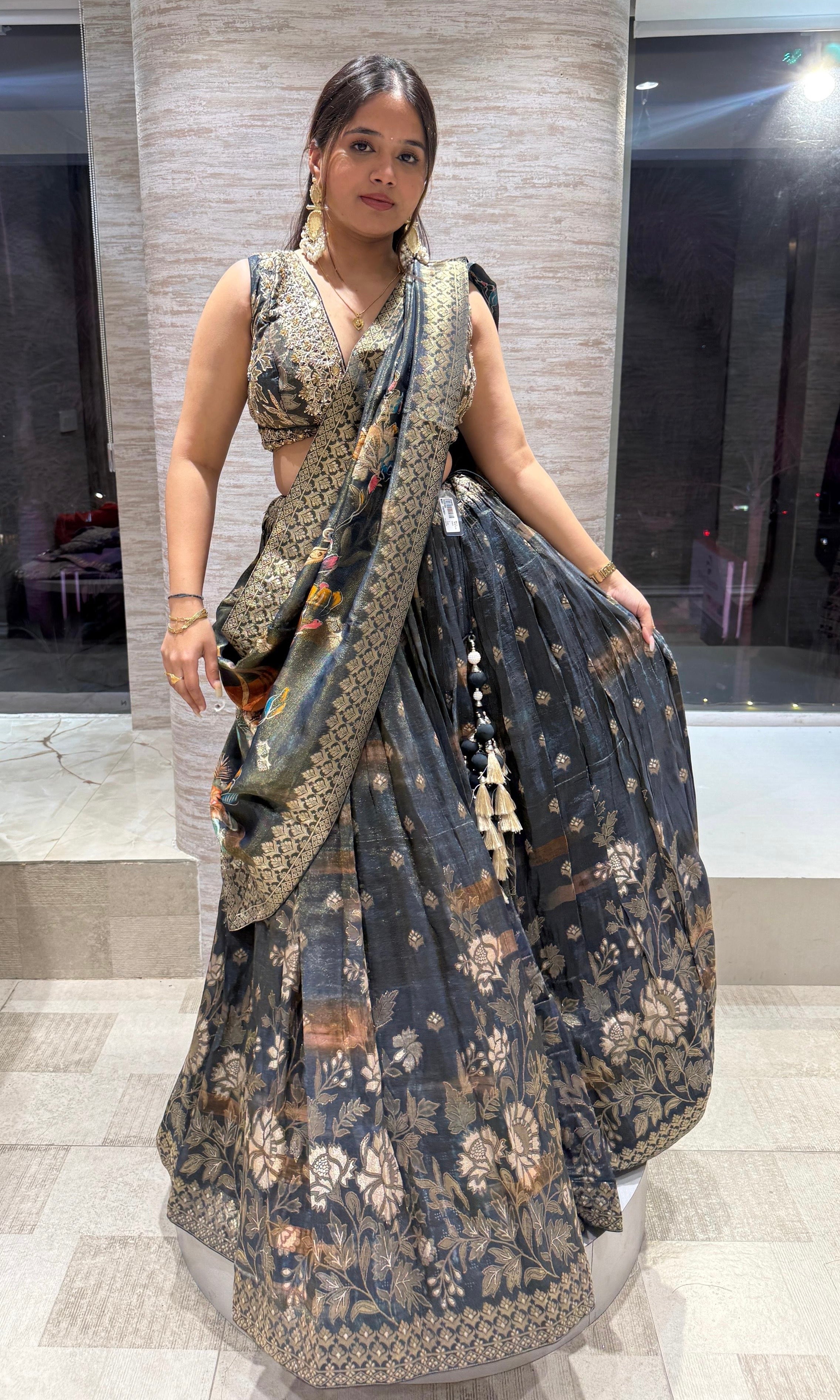 Green gold floral embroidered Lehenga