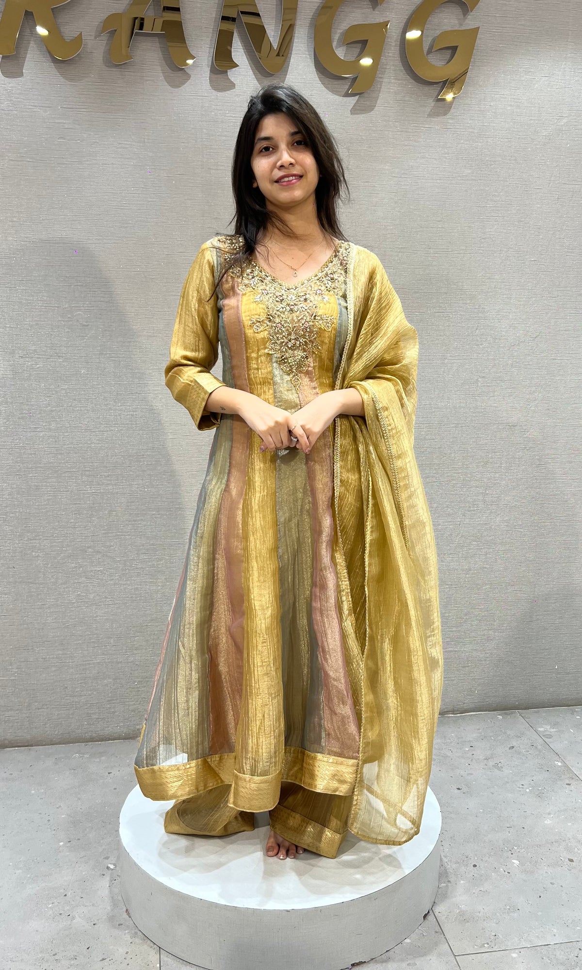 Gold Tissue silk anarkali set with dupatta