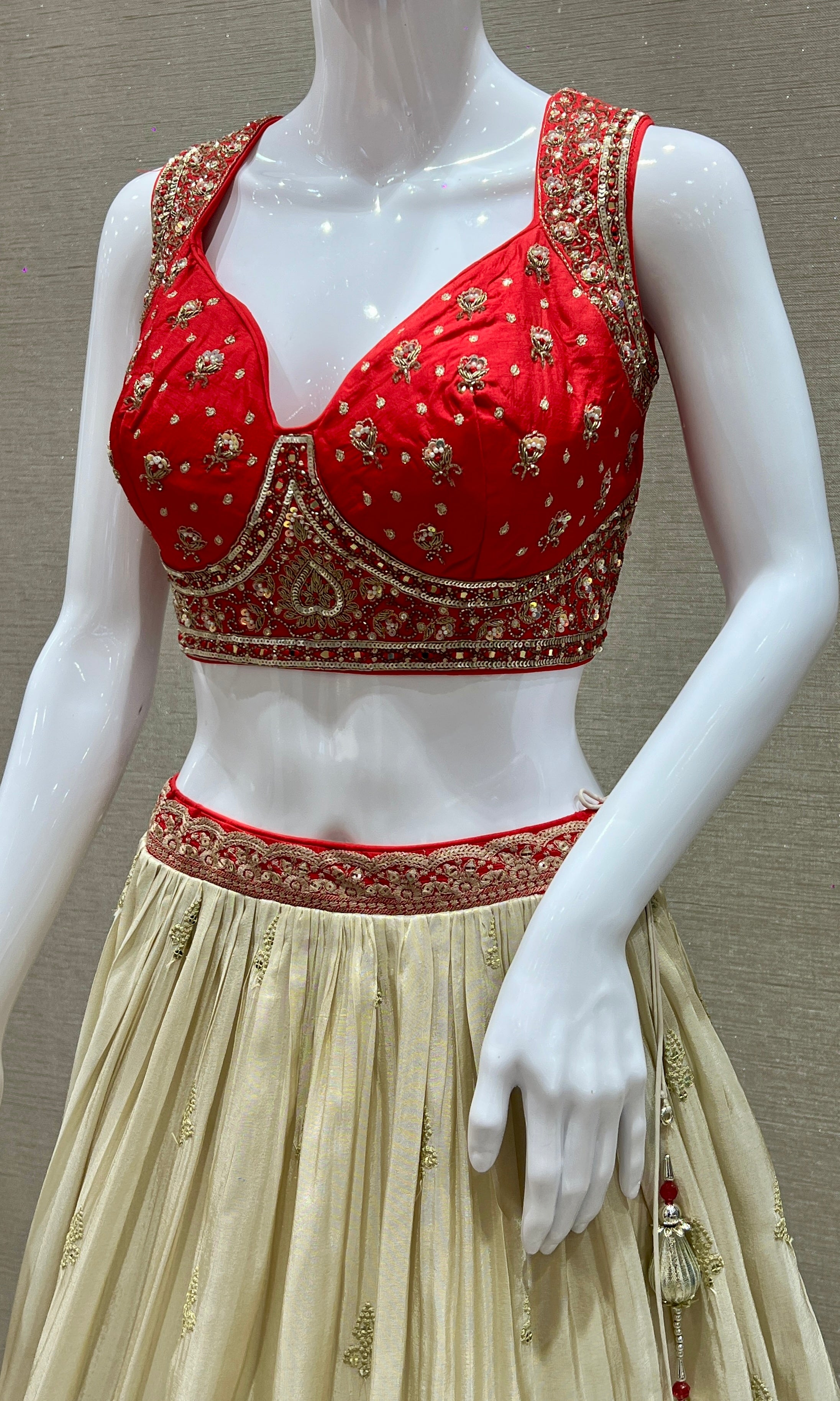 RED AND CREAM EMBROIDERED LEHENGA