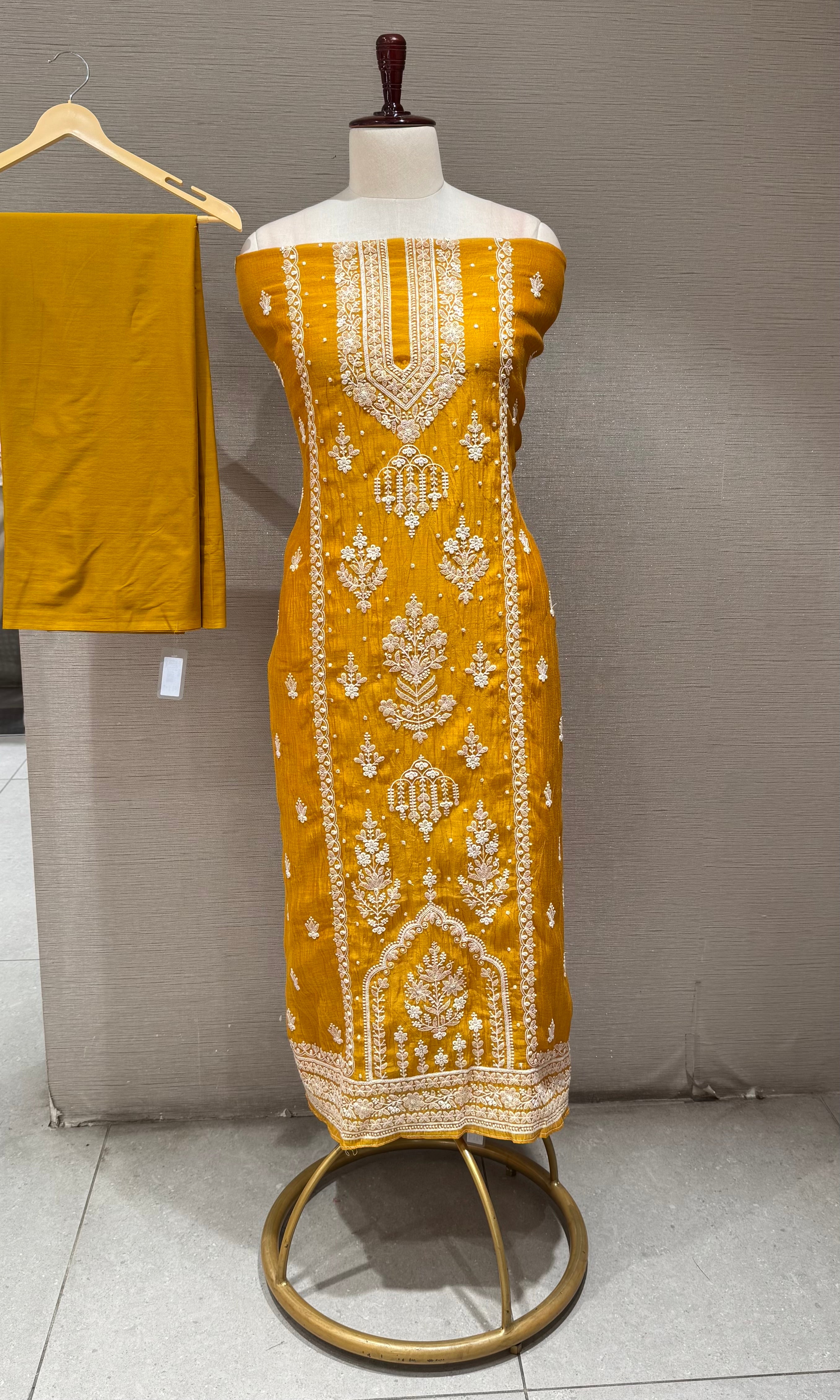 Mustard Yellow Embroidered Silk Dress Material Set