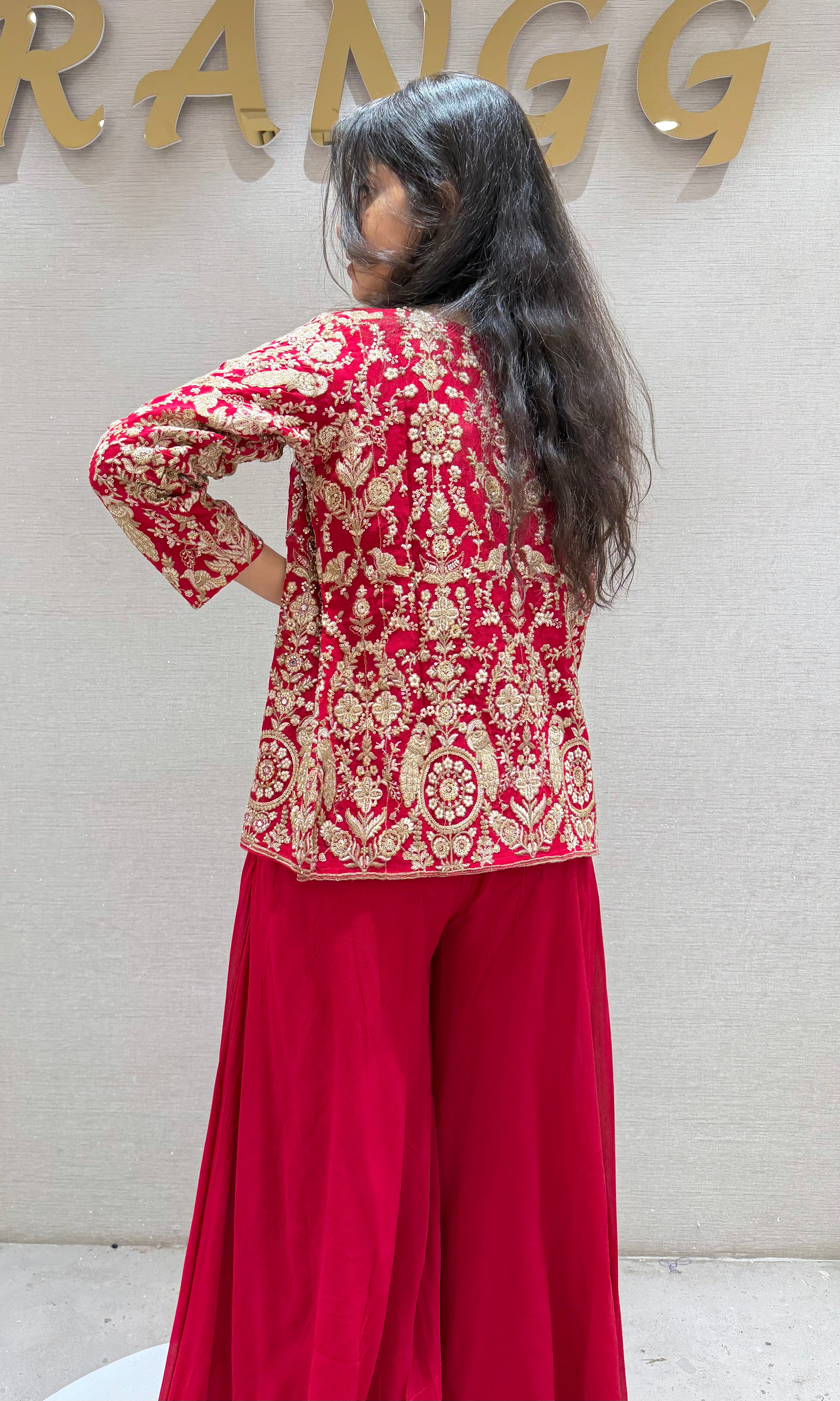 Red EMBROIDERED PALAZZO SET WITH JACKET