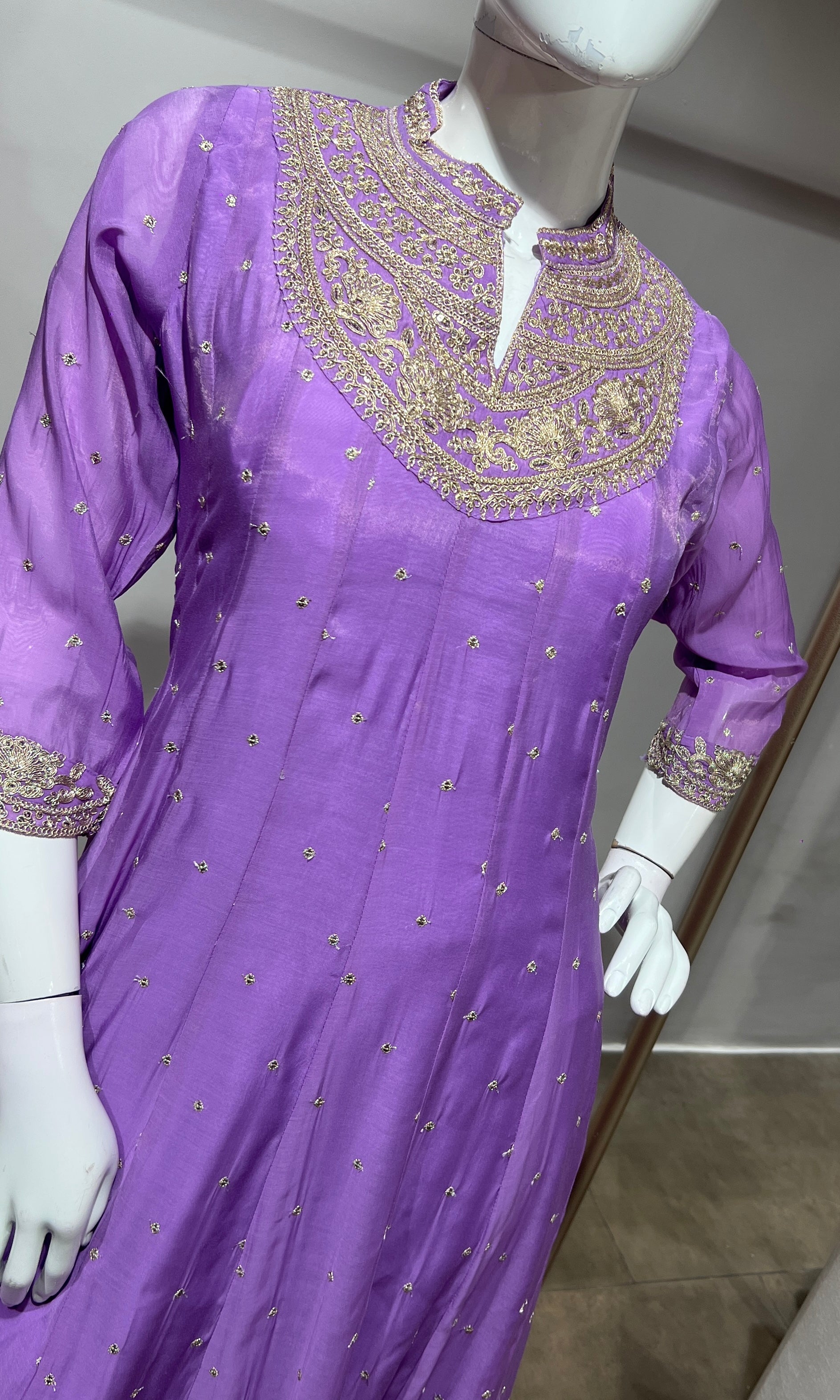 Lavender Silk Anarkali Suit Set with Scallop Dupatta