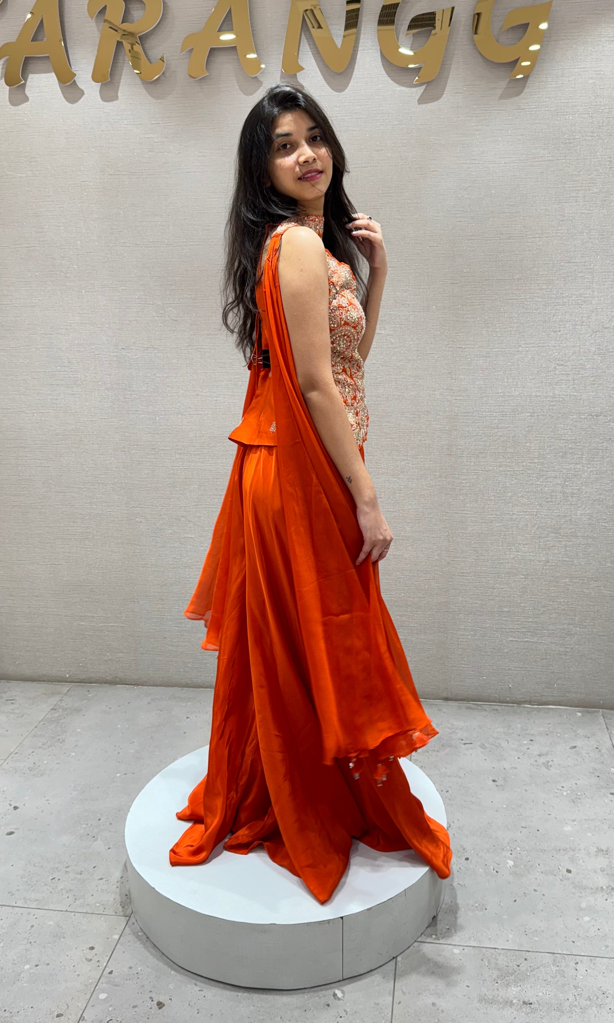 Orange EMBROIDERED PEPLUM PALAZZO SET