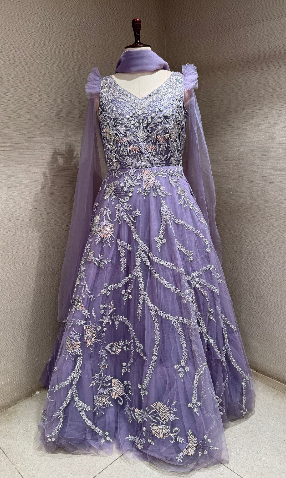 Purple Tulle Gown with Silver Floral Accents