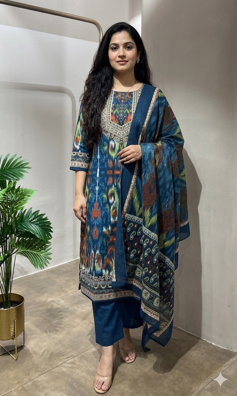 BLUE ETHNIC PRINTED KURTA SET