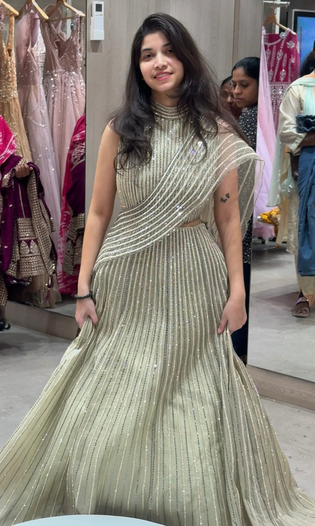 PISTA GREEN Gold Draped Lehenga Set