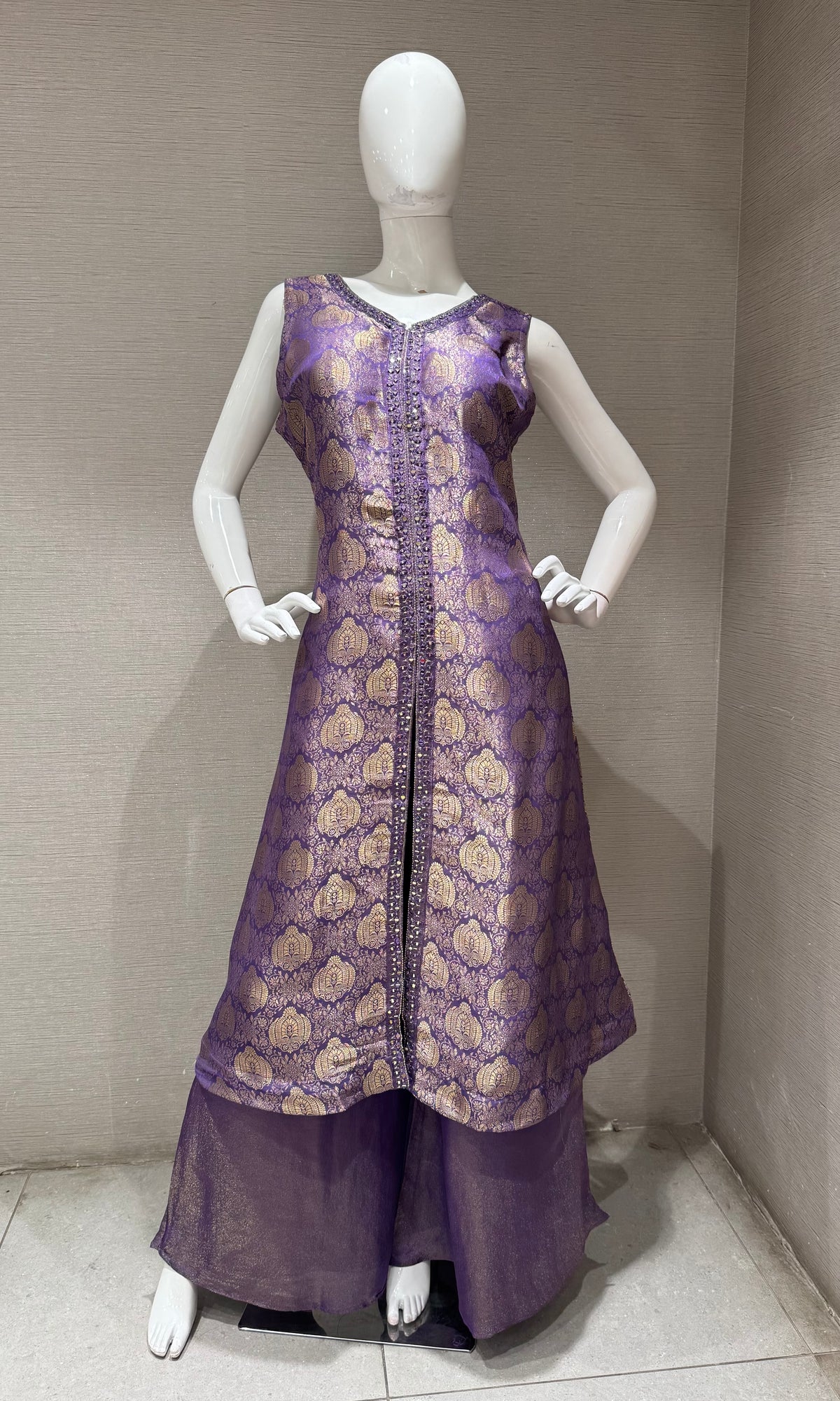 Purple and Gold Banarasi Silk Anarkali Set with Dupatta