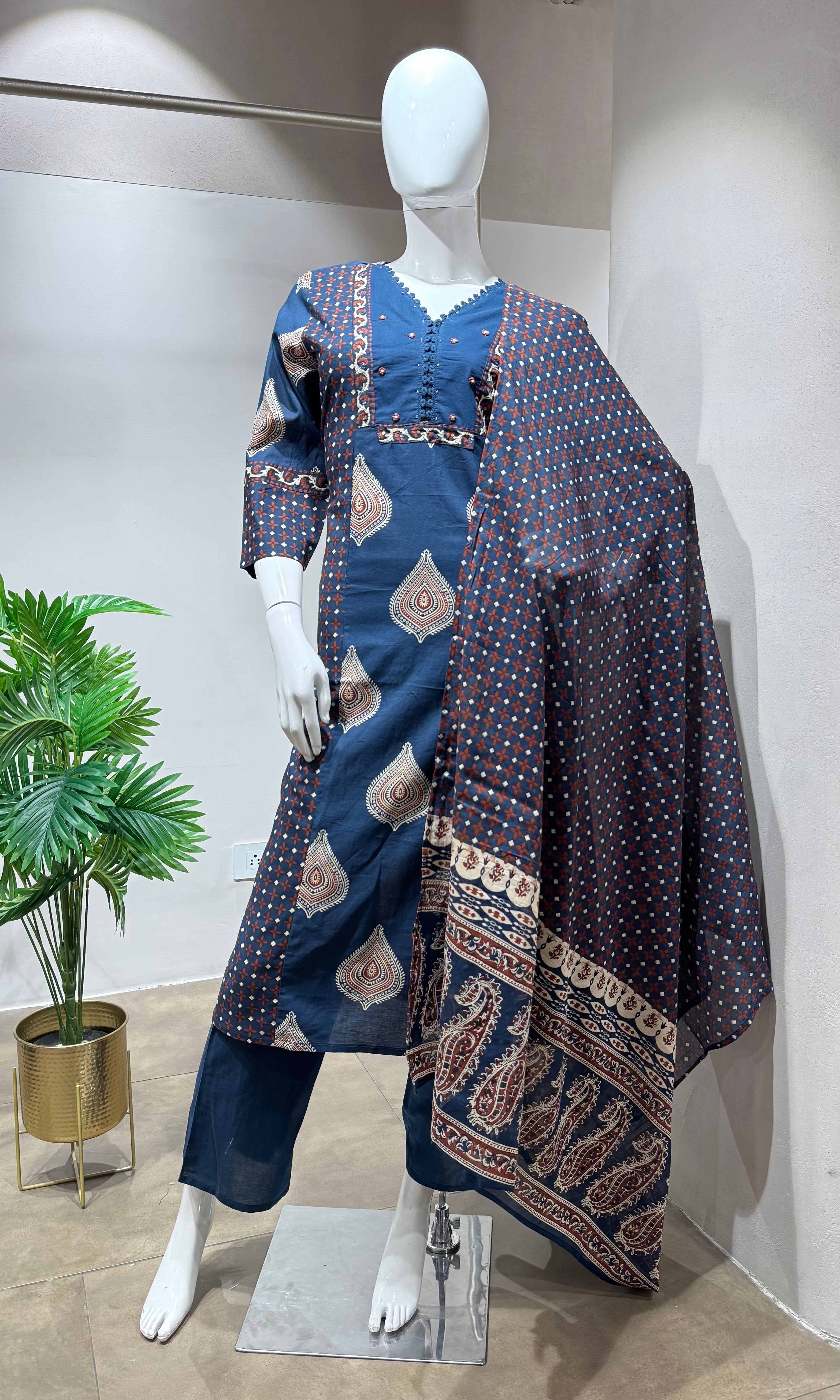 Navy blue block print design kurta set