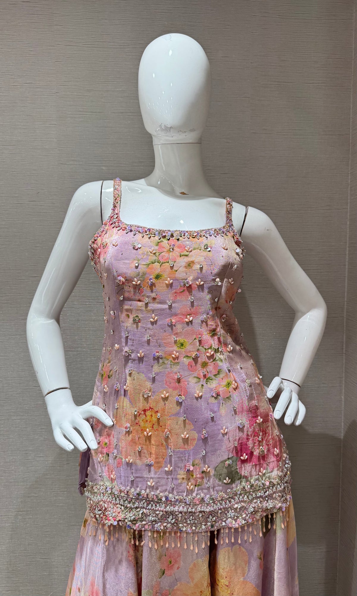 LAVANDER Silk Organza Floral Printed Peplum palazzo set