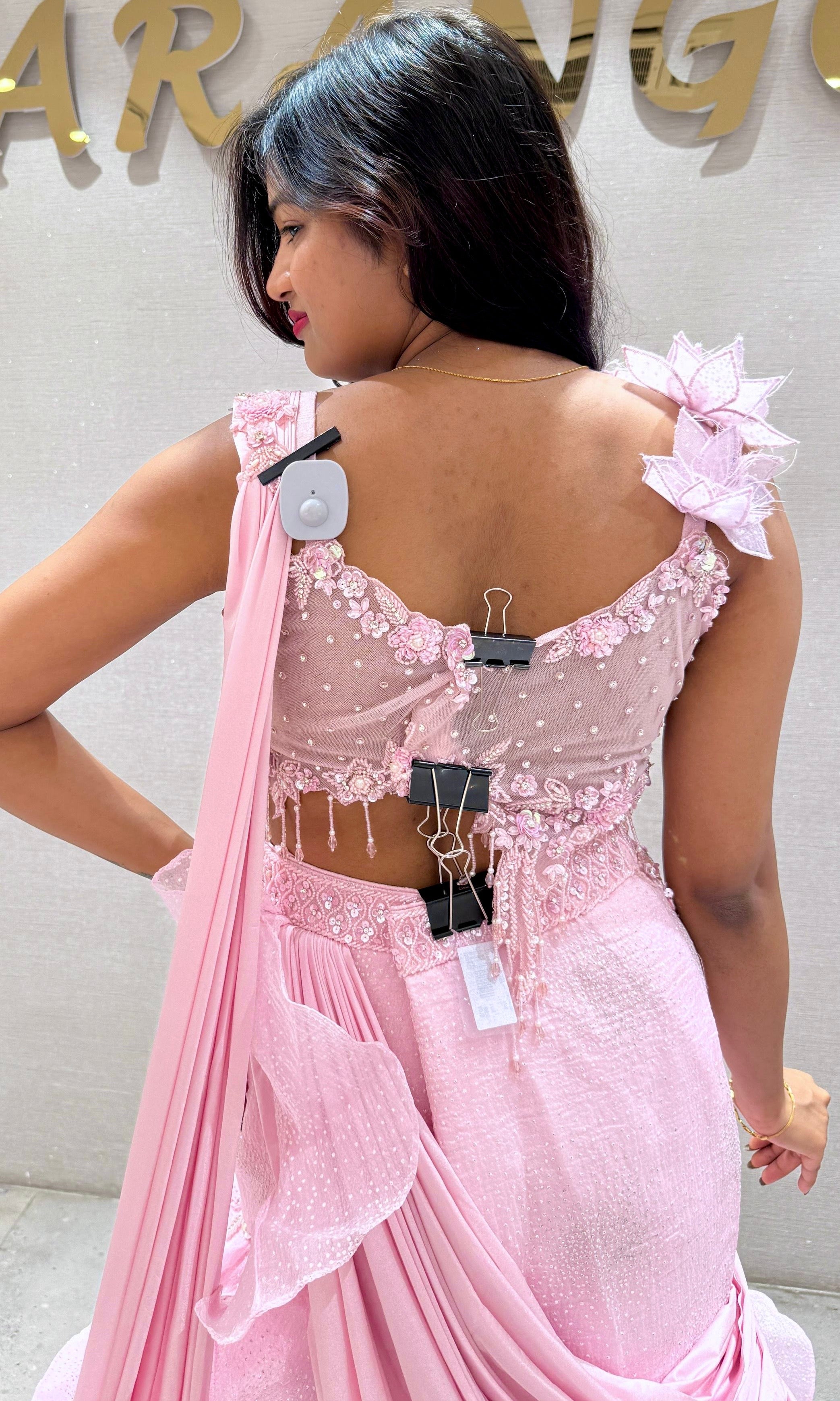 Blush Pink Floral ruffle drape saree