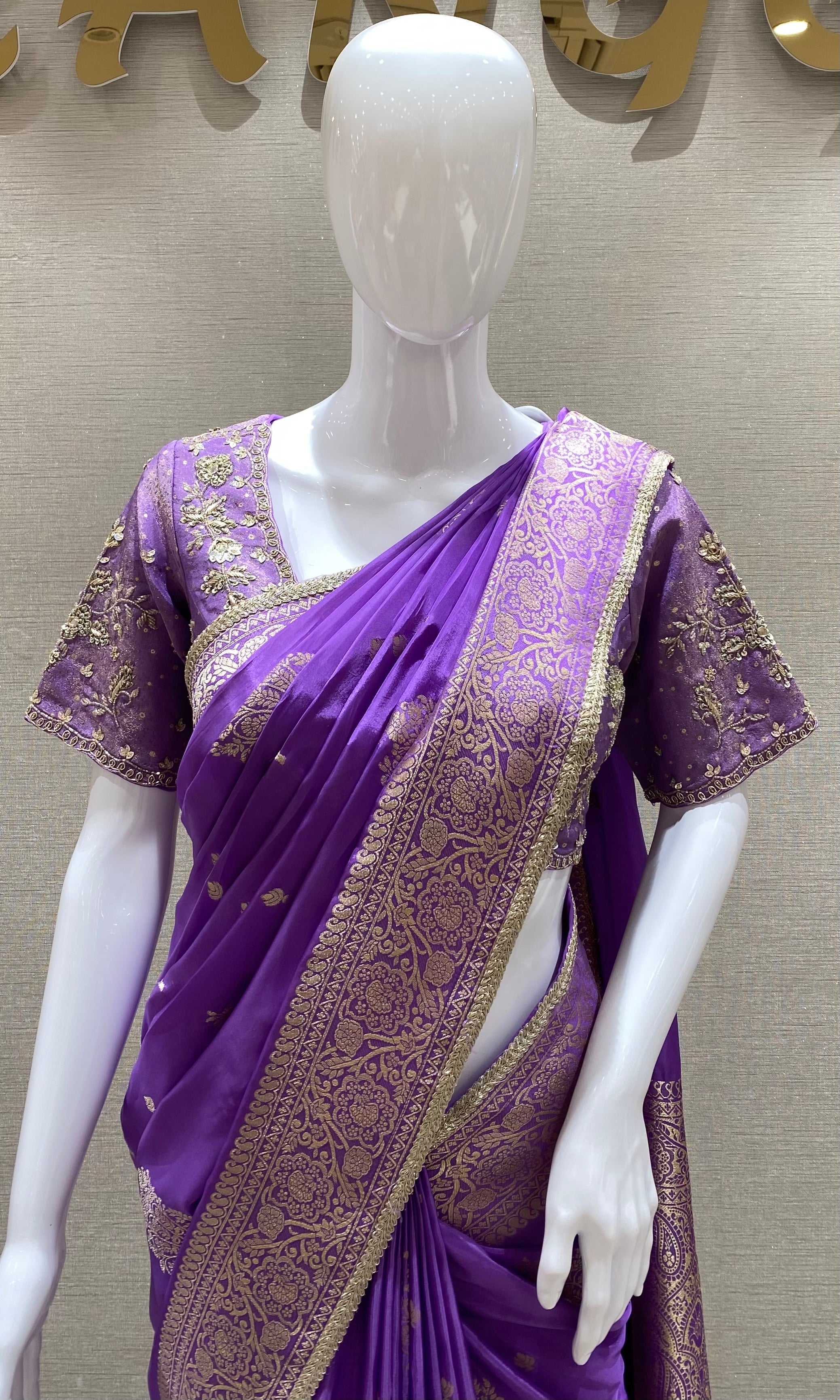 Lavender banarasi saree with ready blouse
