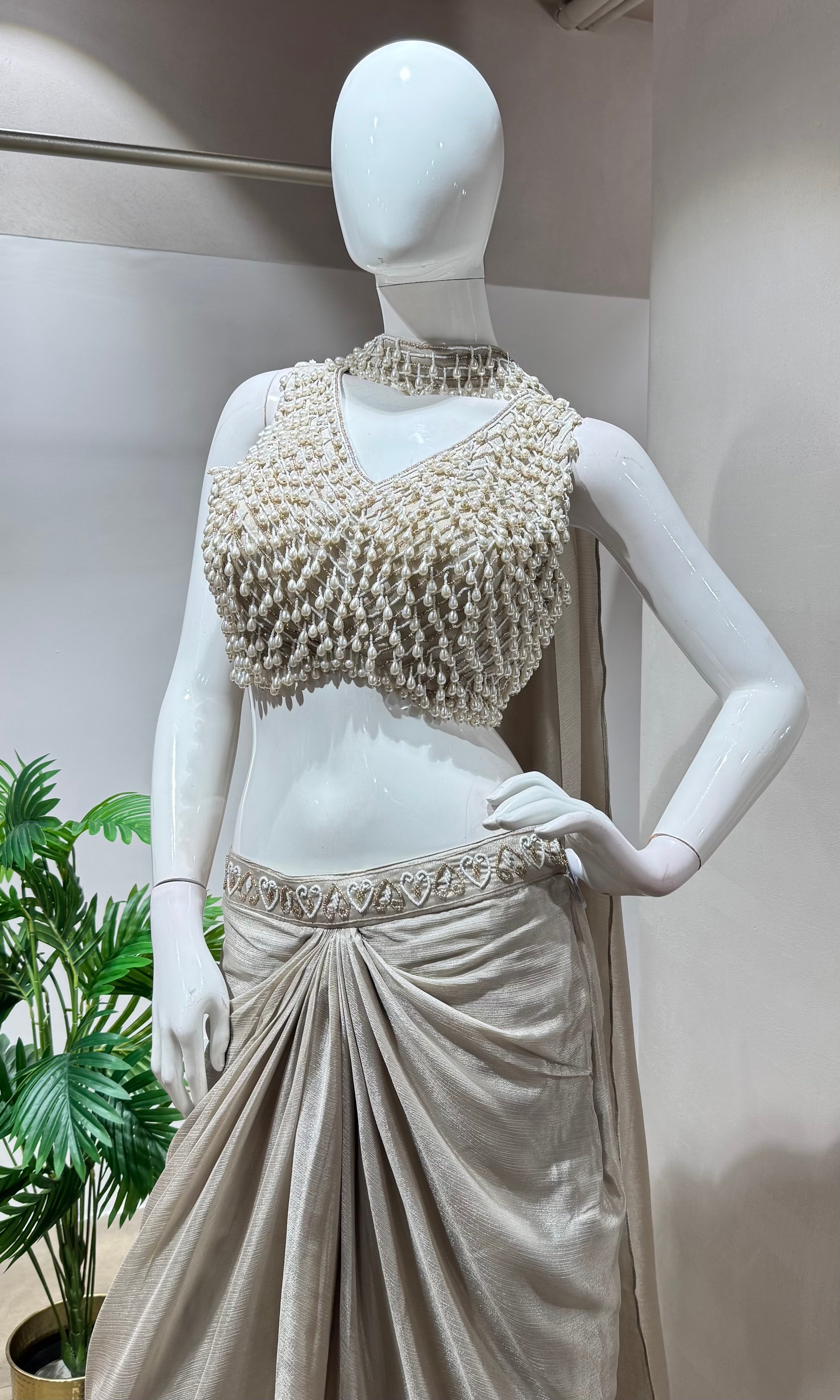 Grey designer pearl blouse with drape skirt