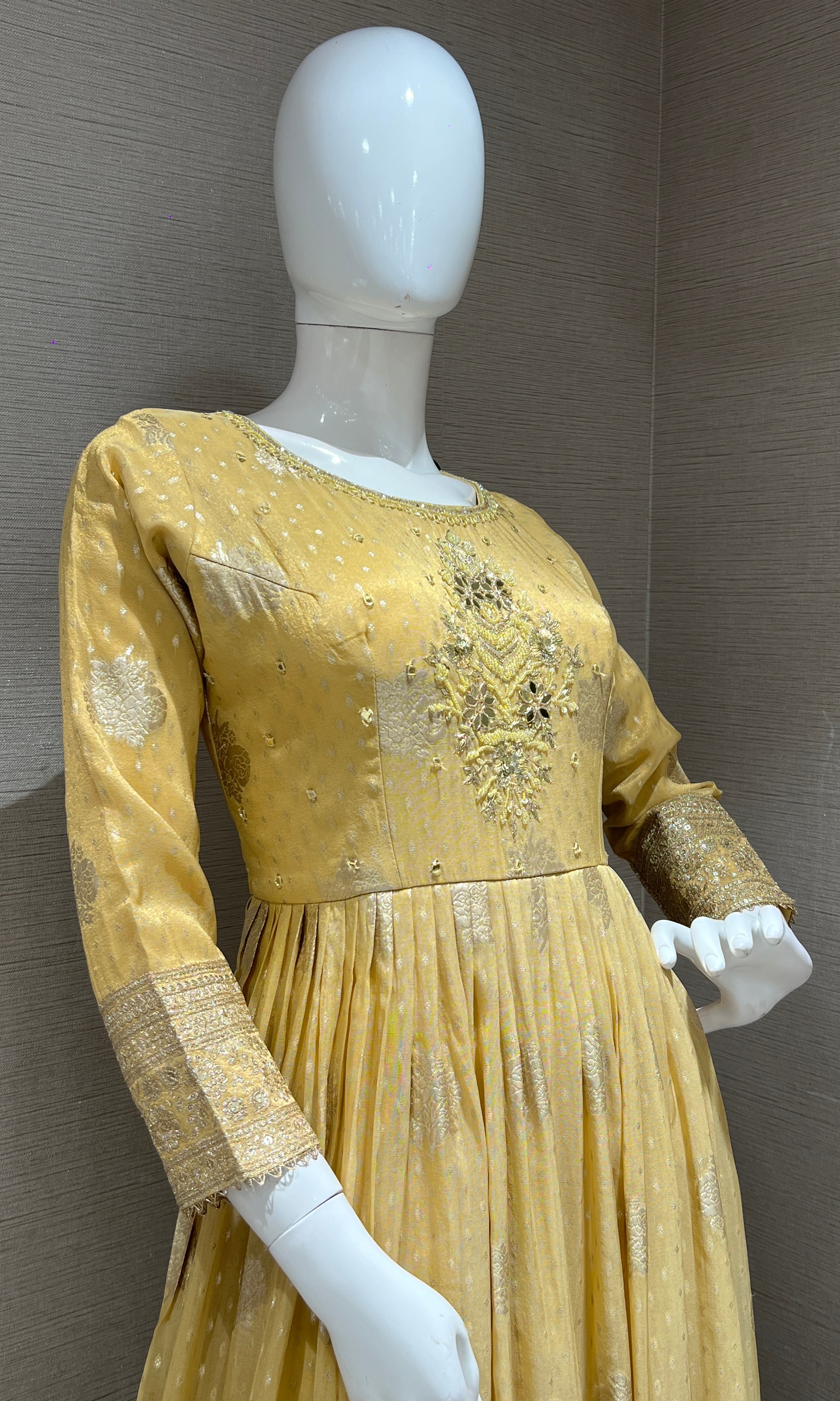 Light Yellow long Gold Embroidered Anarkali