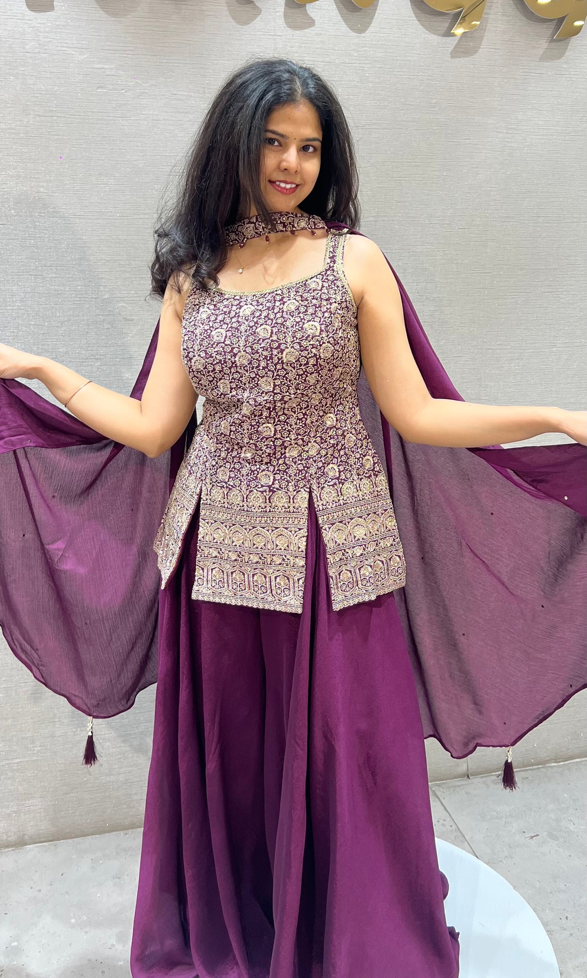 Wine silk Embellished Peplum Palazzo Set with dupatta