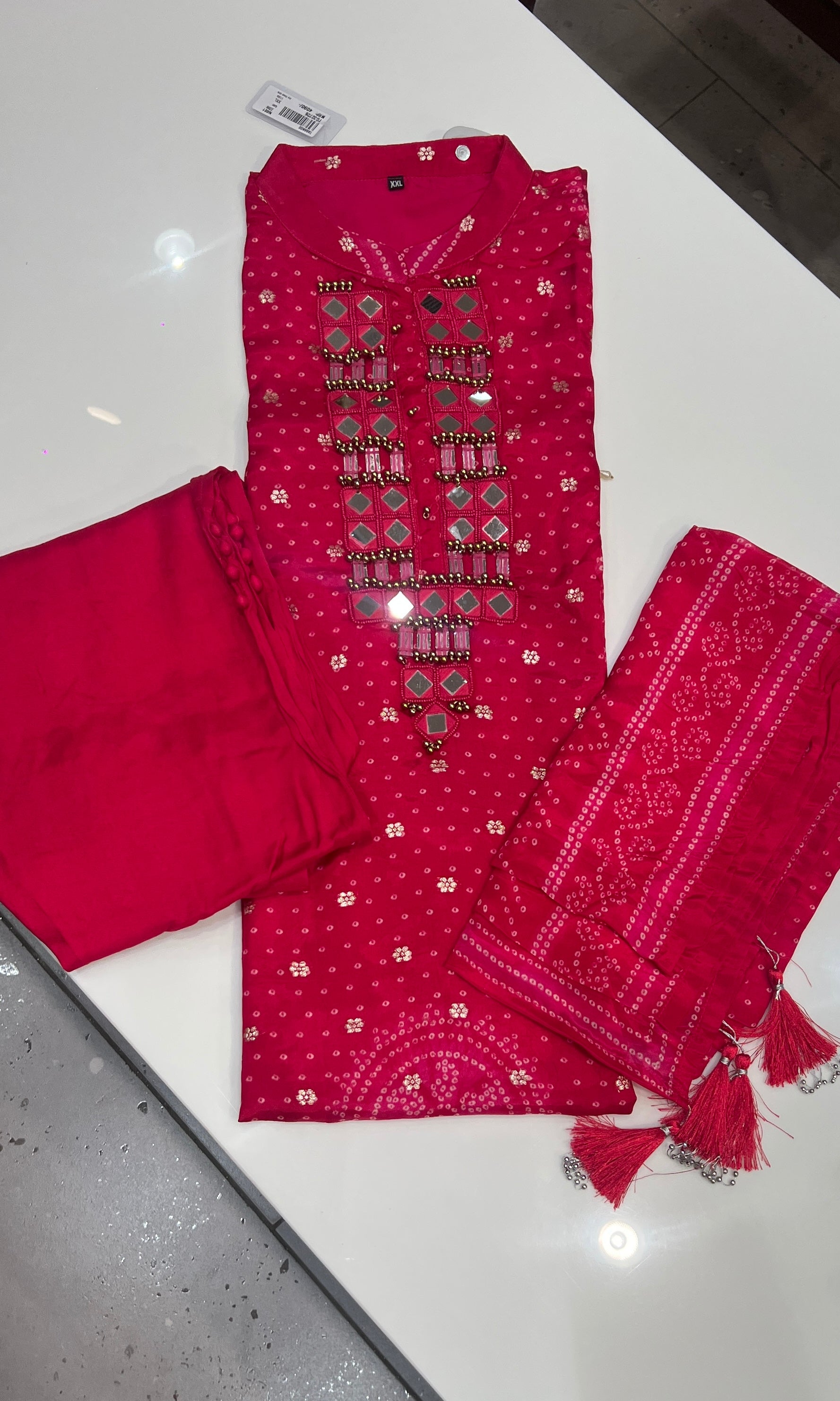 Rani Pink Bandhani Mirror KURTA SET