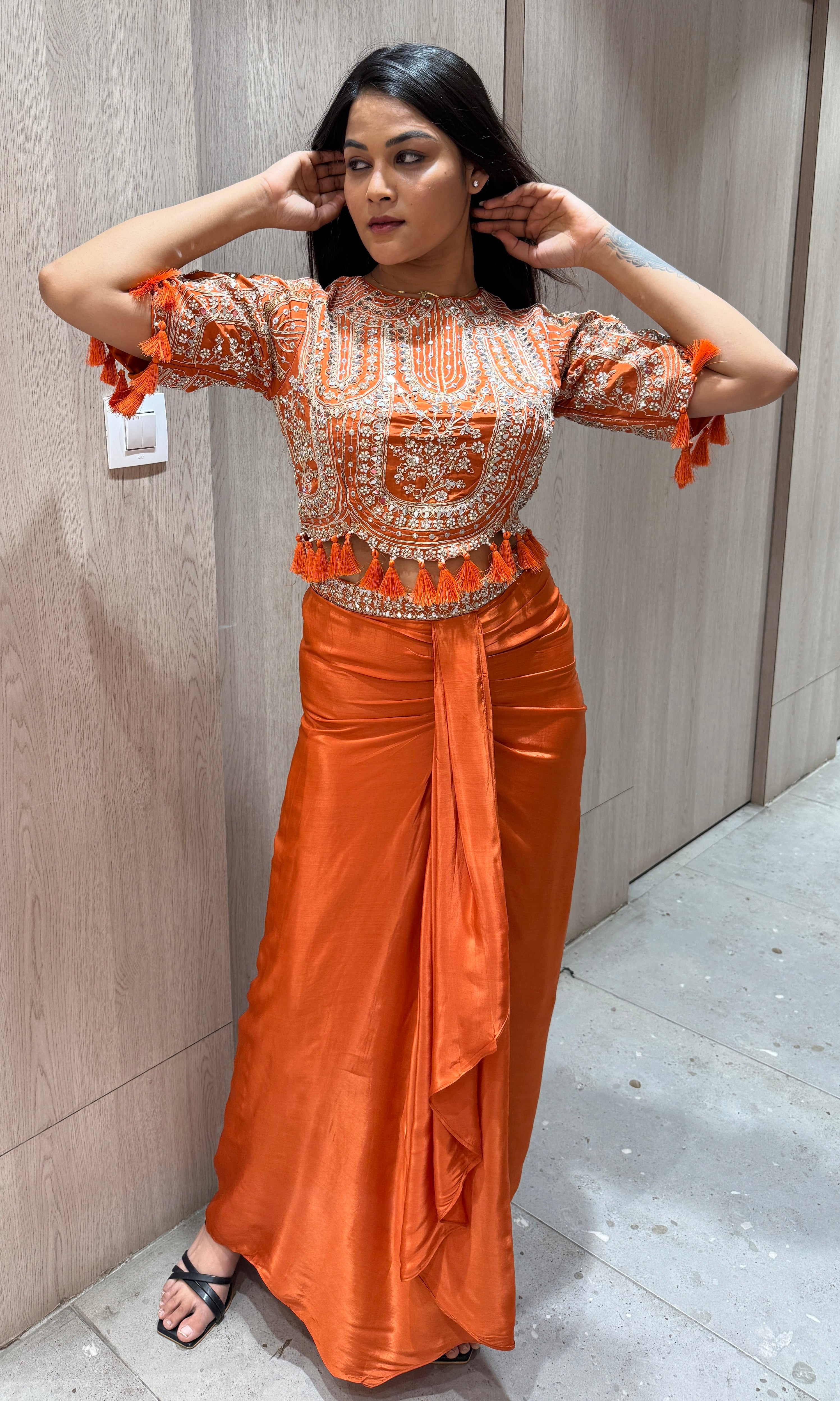 Orange crop top with dhoti