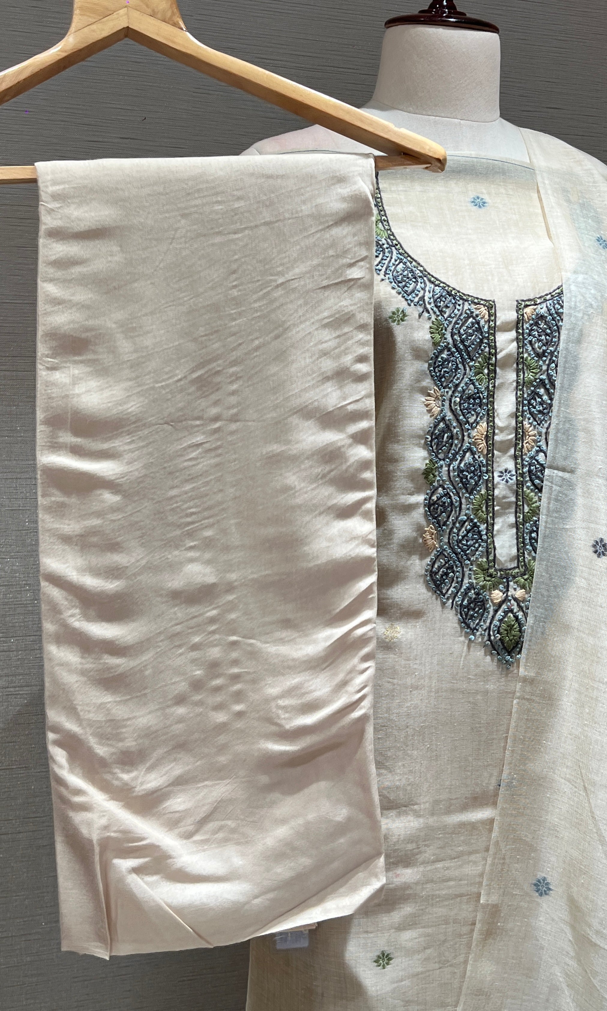 CREAM Blue EMBROIDERED dress material