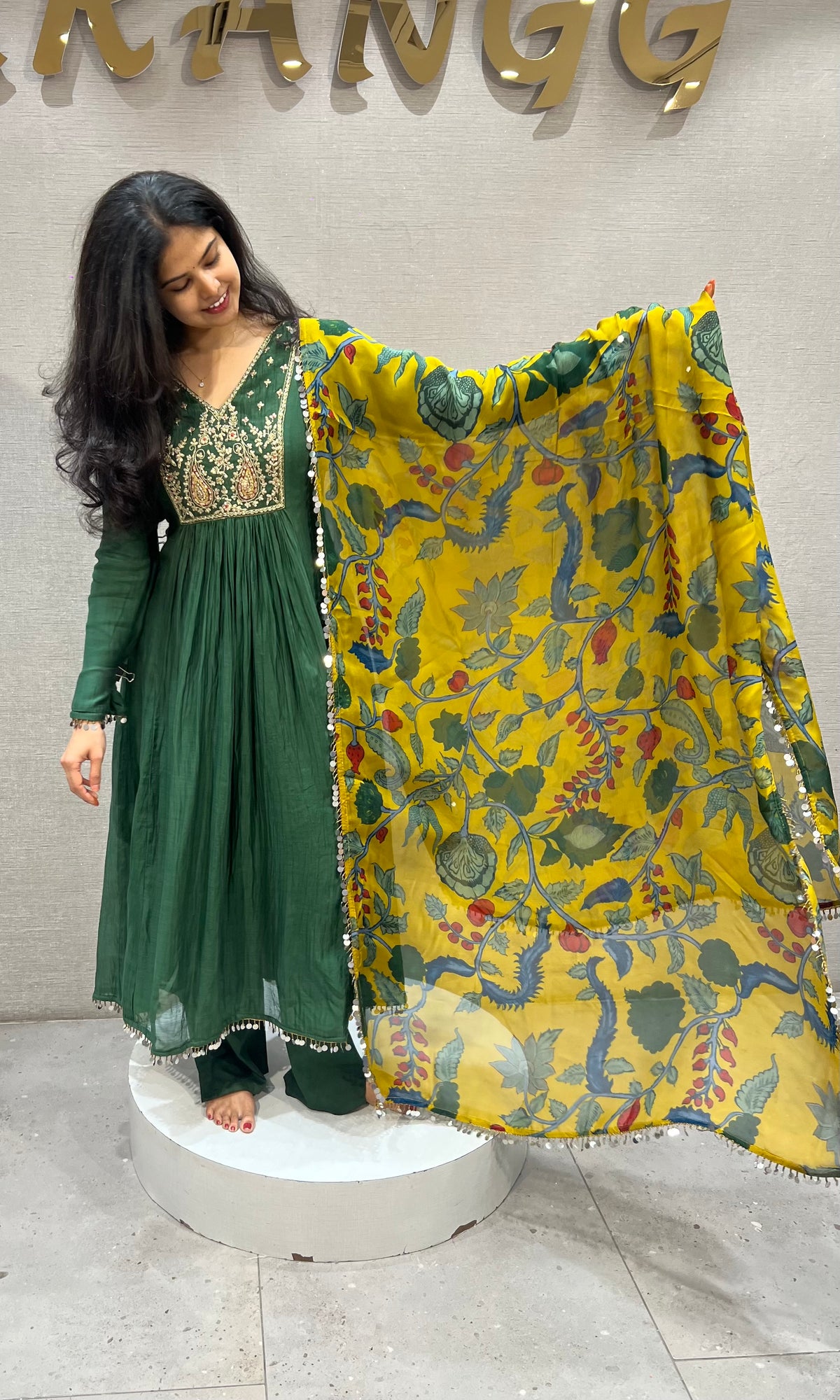 Green mul chanderi Kurta Set with Floral Dupatta