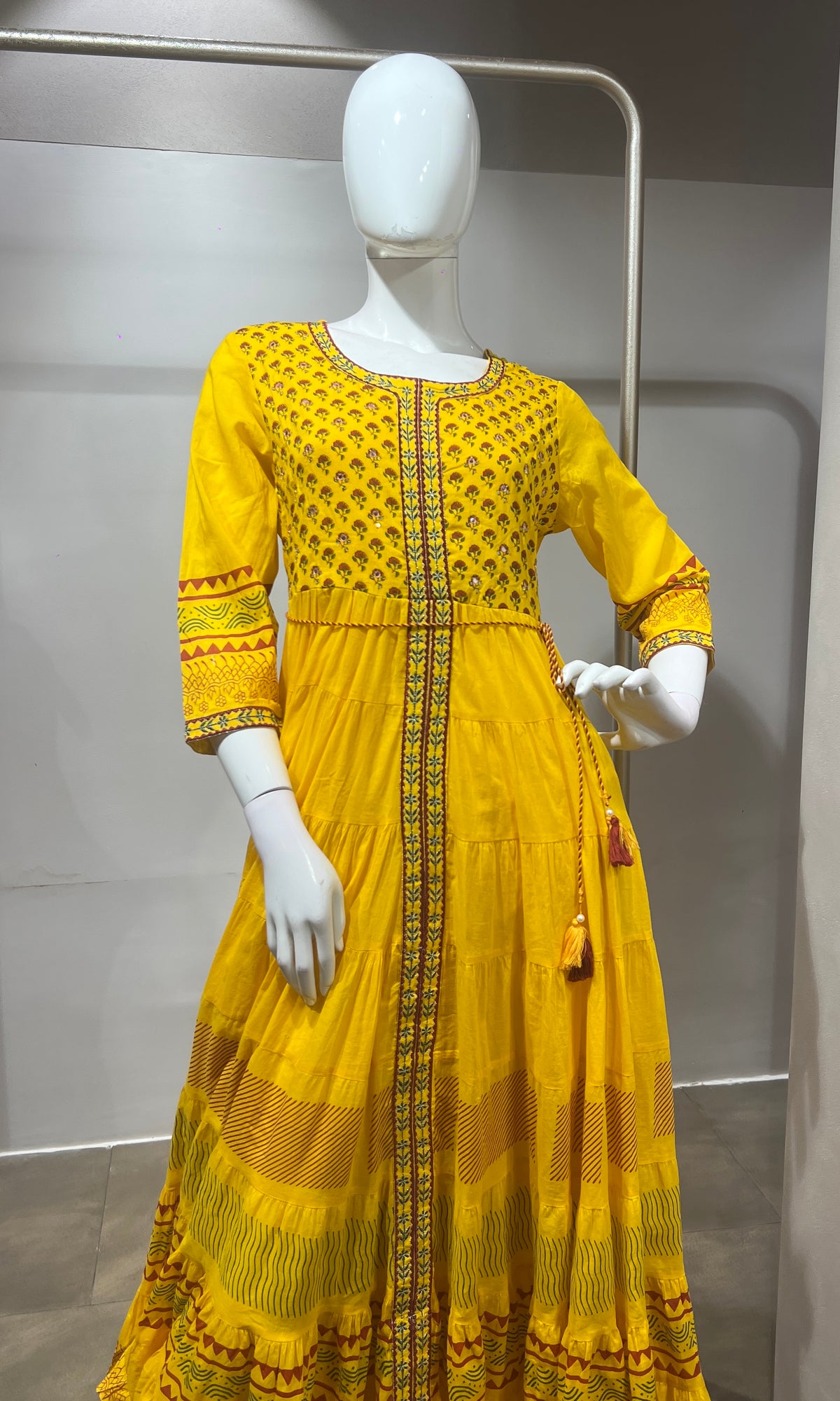 yellow ethnic printed cotton Frock