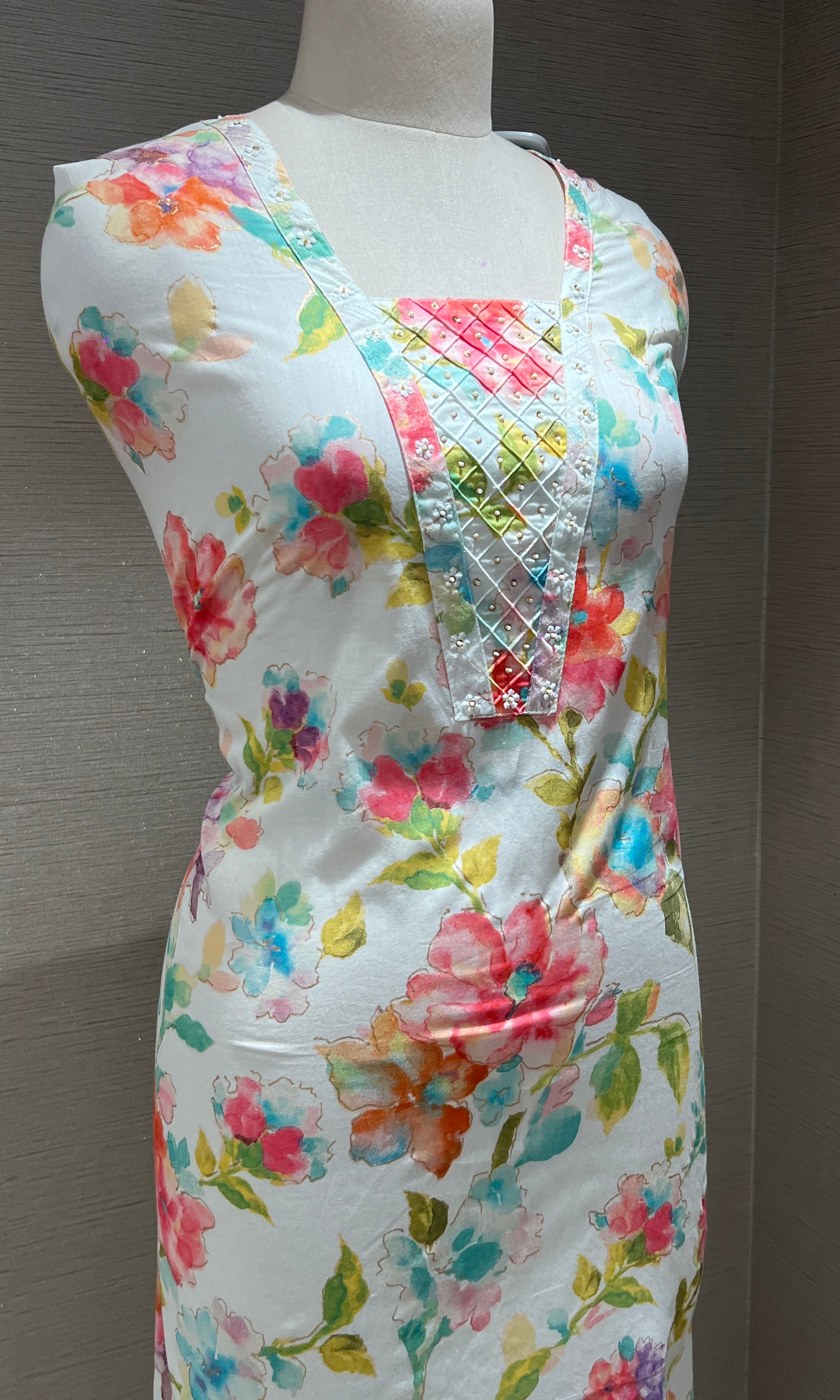 Multi colour floral embroidered dress material