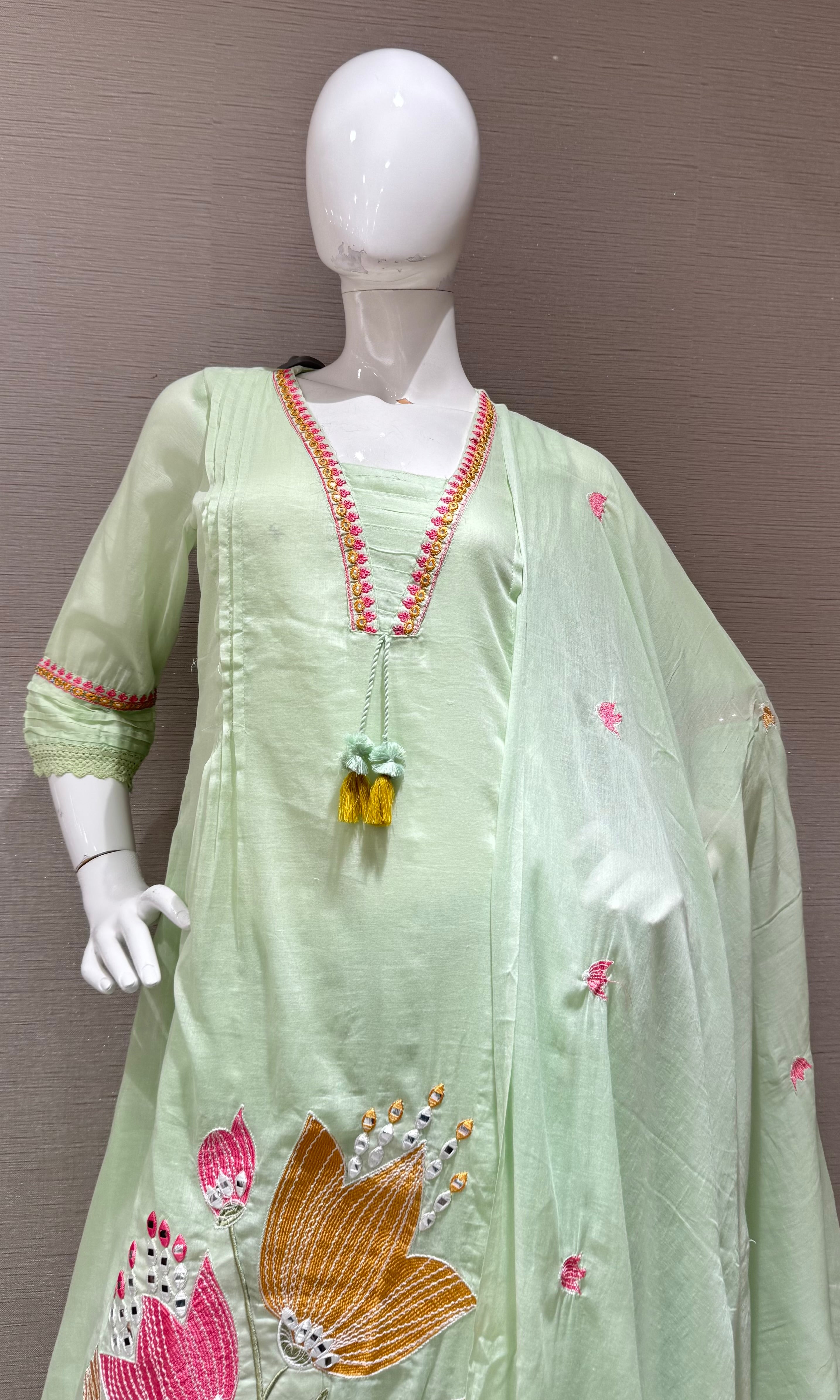 Pista Green Floral embroidered kurta set