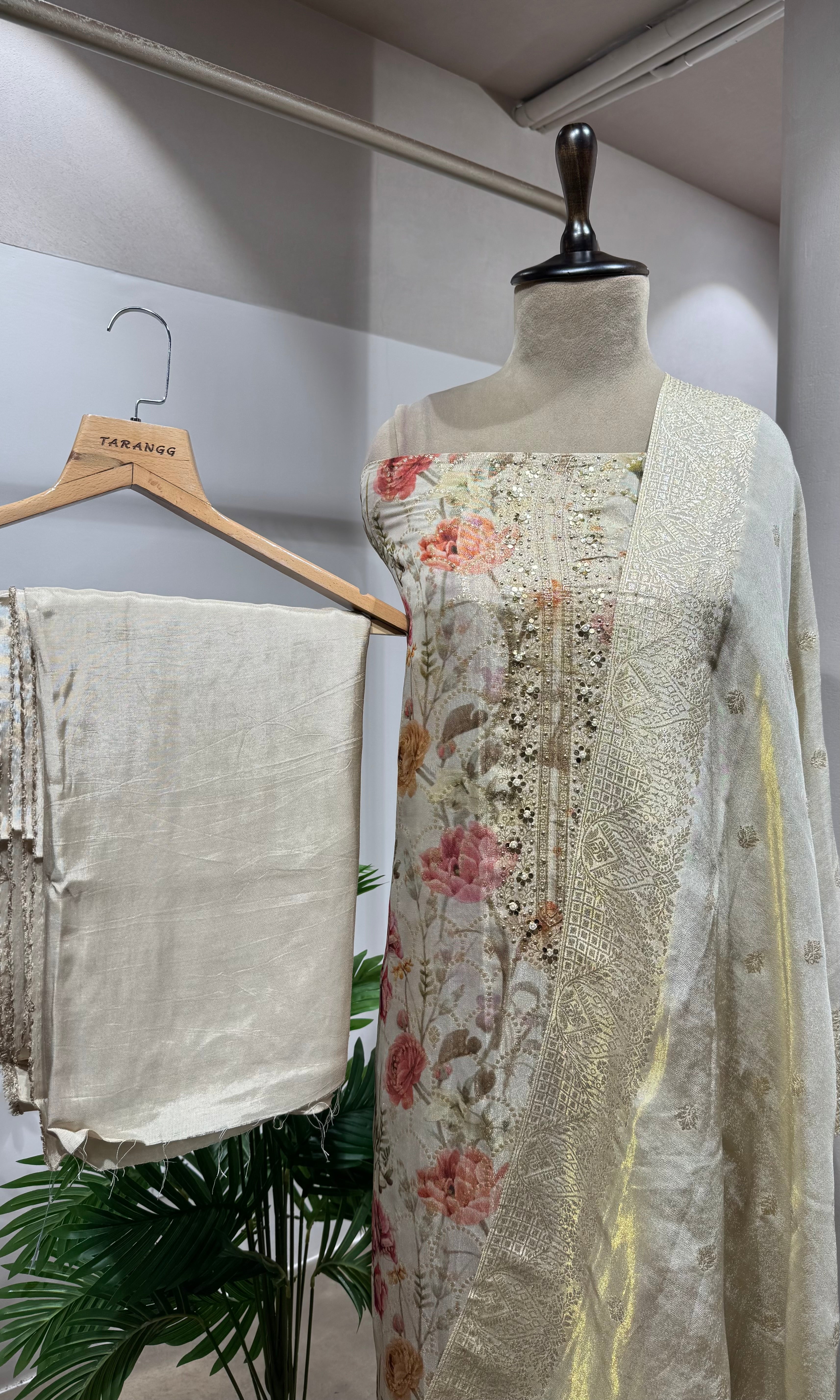CREAM BANARASI SILK DRESS MATERIAL