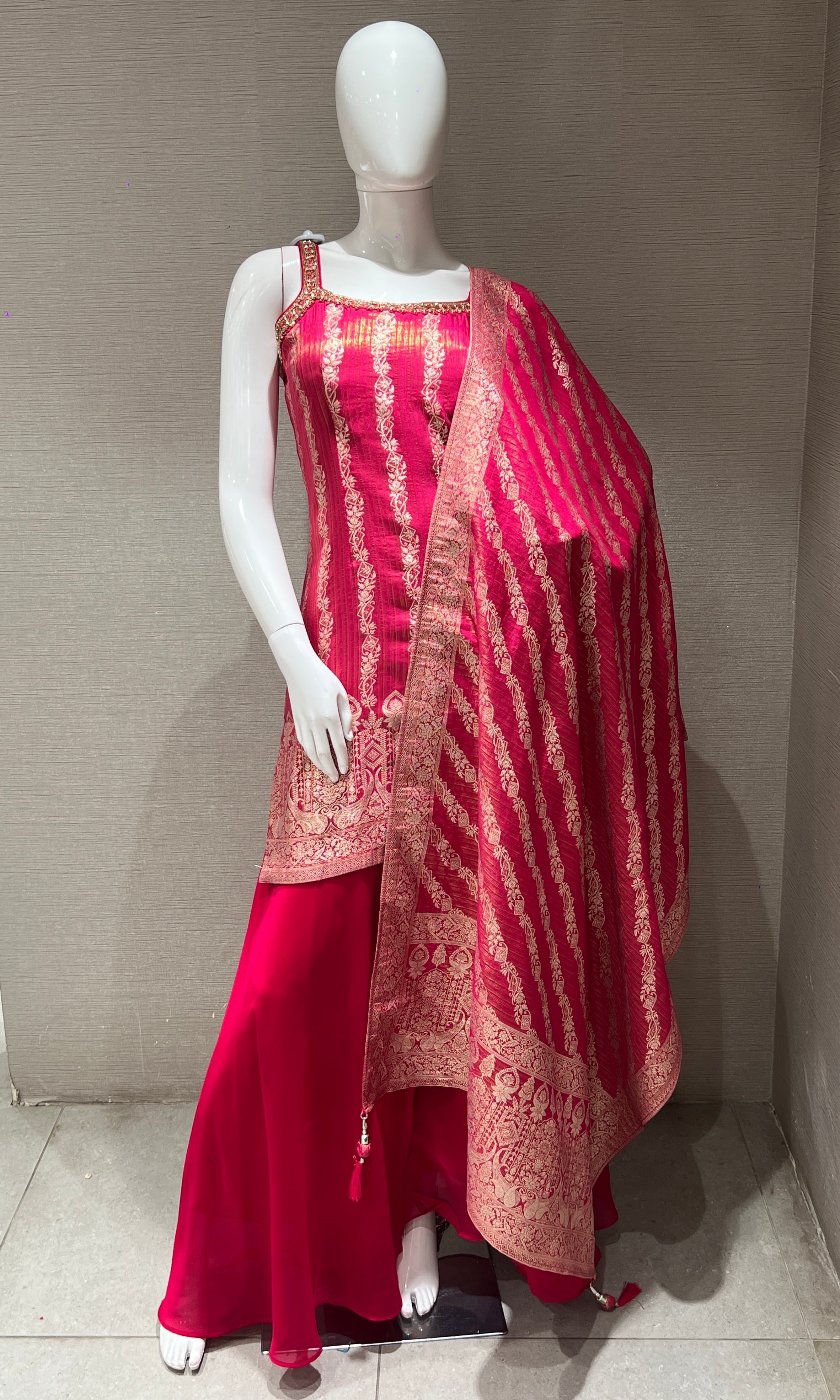 Rani pink with gold Embroidered Sharara Set