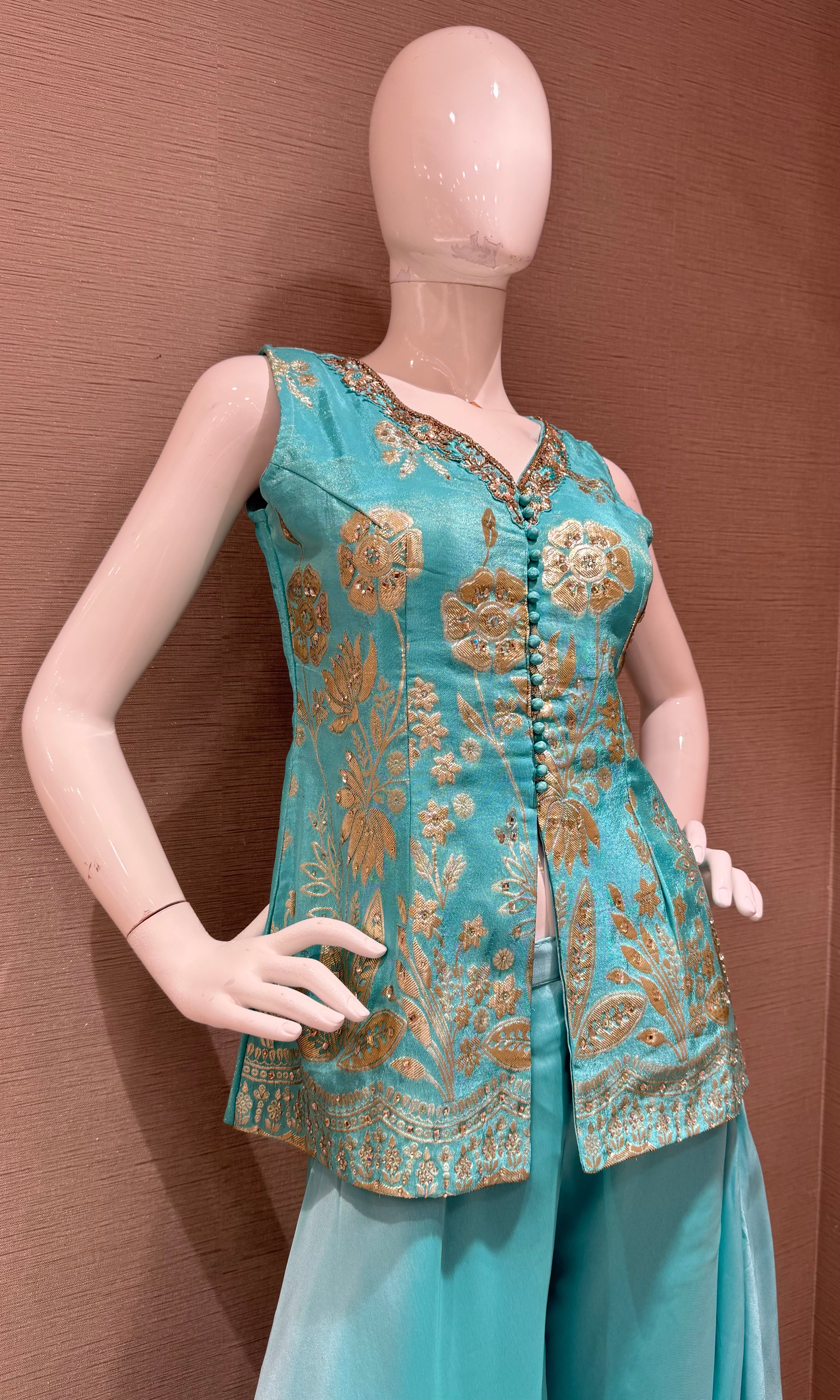 Sea Blue embroidered short peplum palazzo set