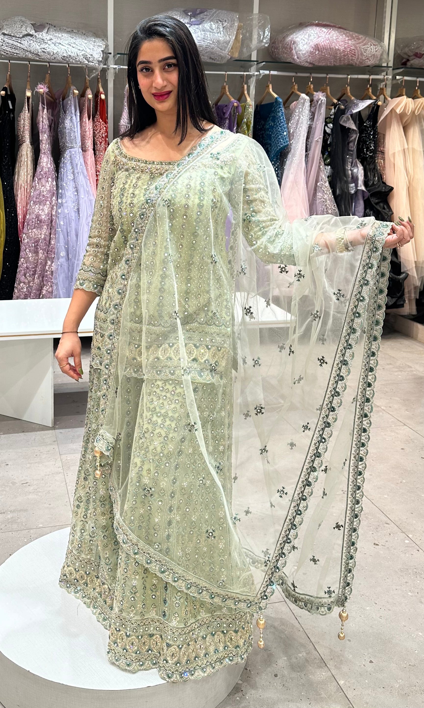 Sage Green Mirror Embellished Sharara set