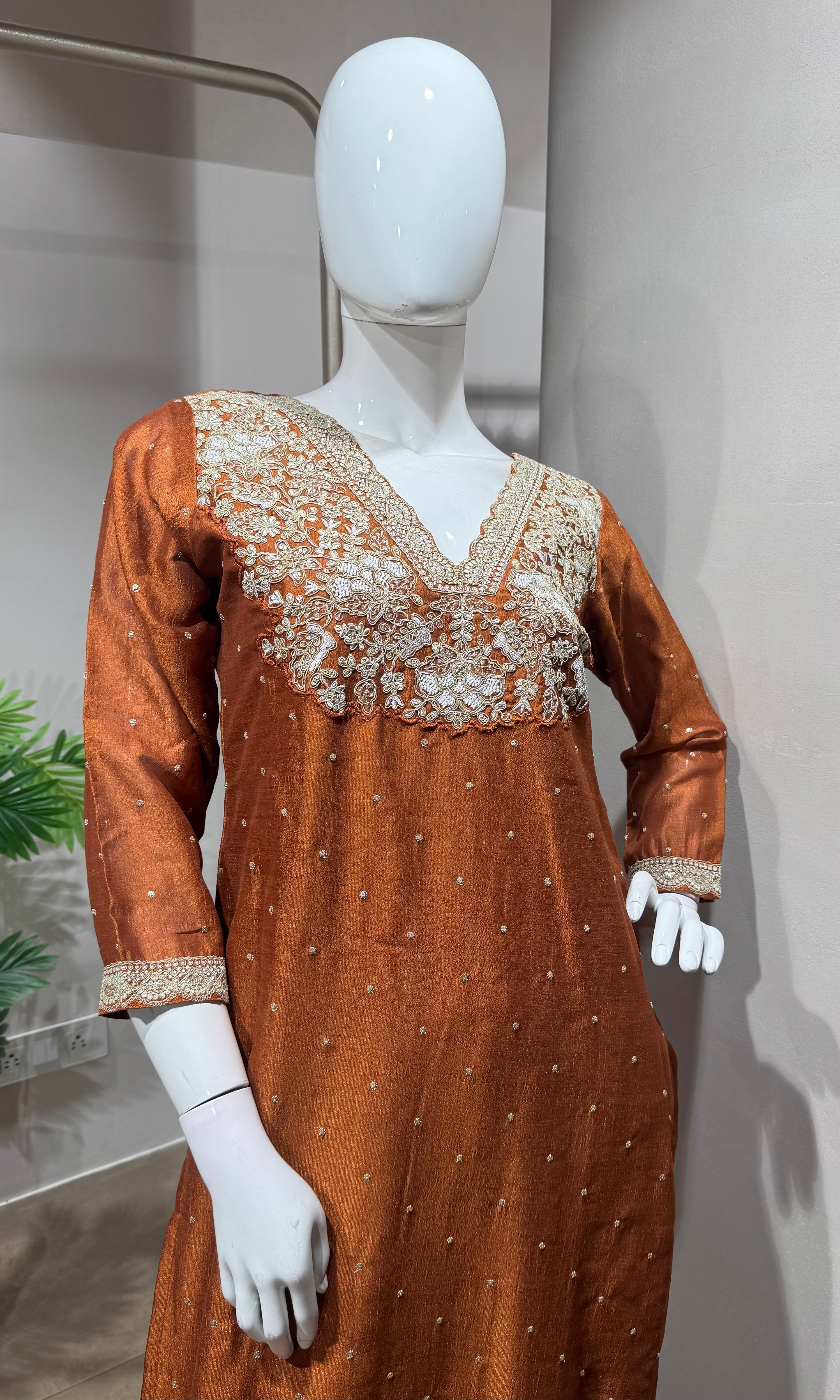Rust golden embroidery kurta set