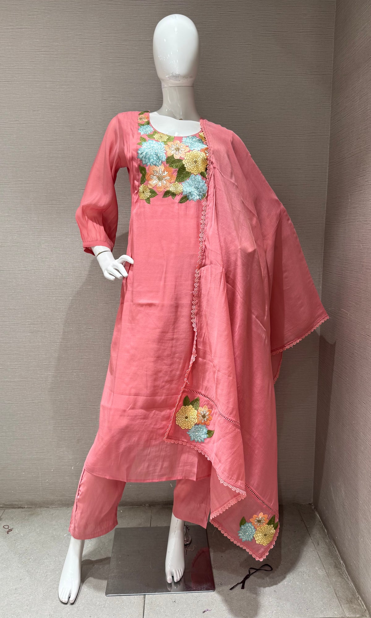 Pink Floral Embroidered Mul Chanderi A Line kurta Set with dupatta