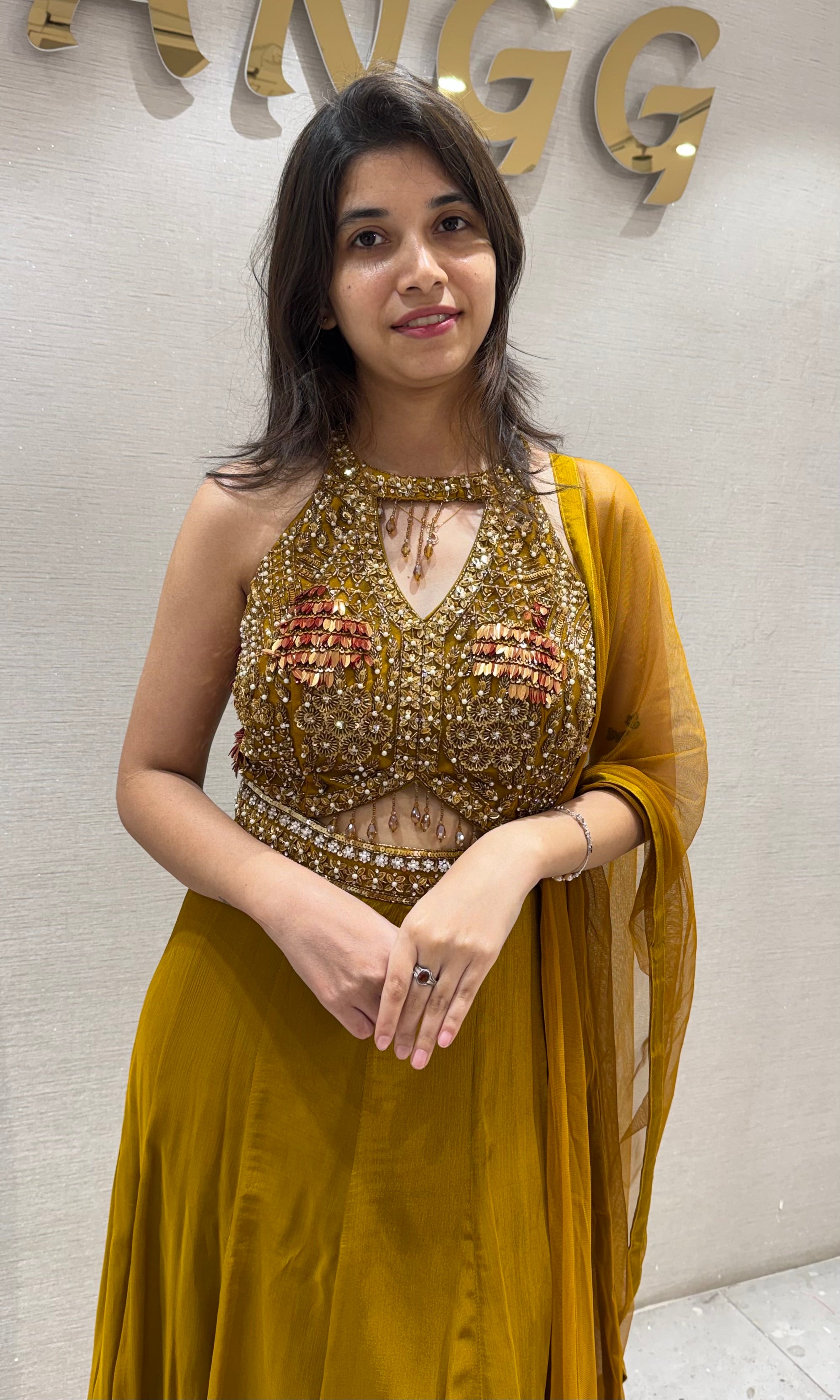 Mustard Georgette with Cutdana Embroidery Frock