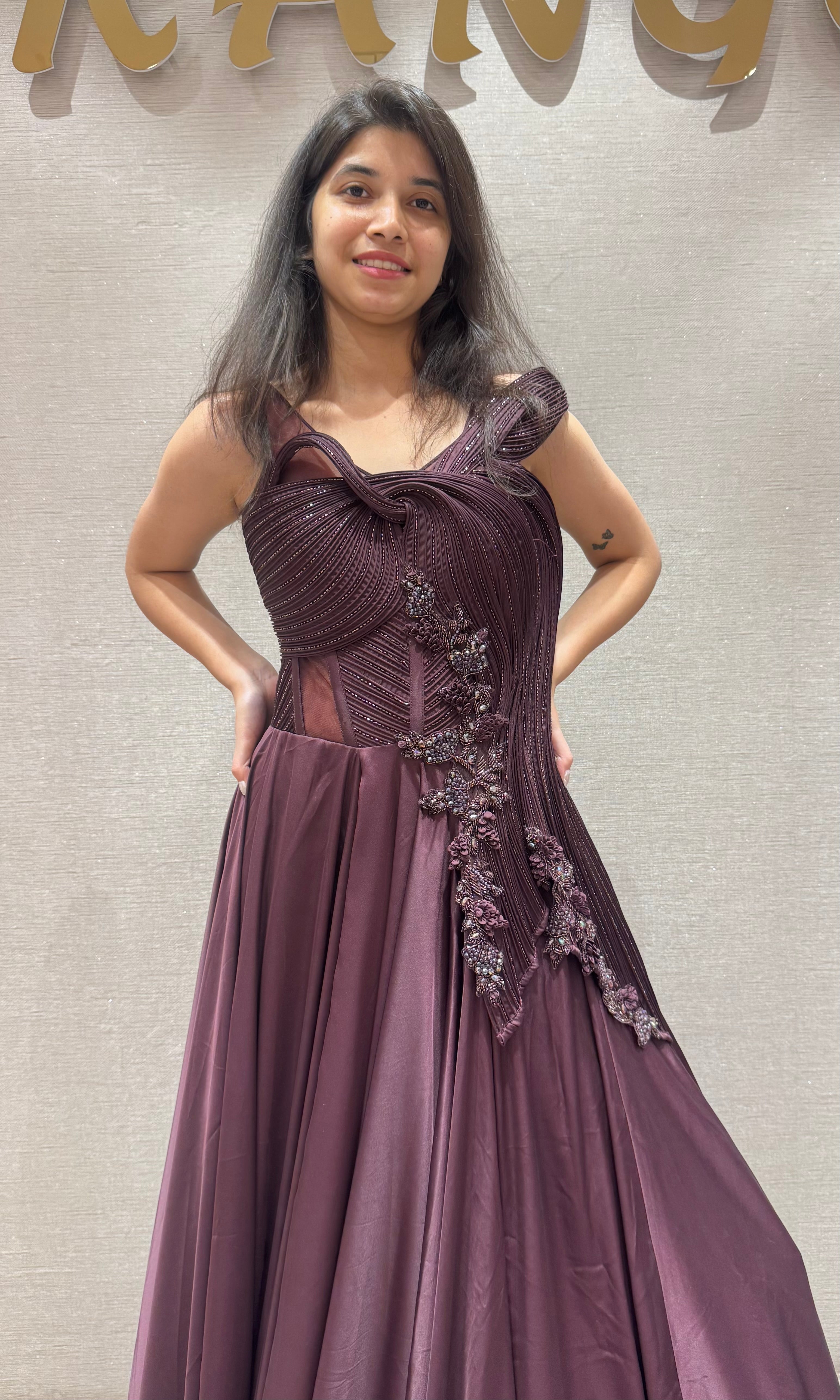 Wine FLORAL EMBELLISHED GOWN