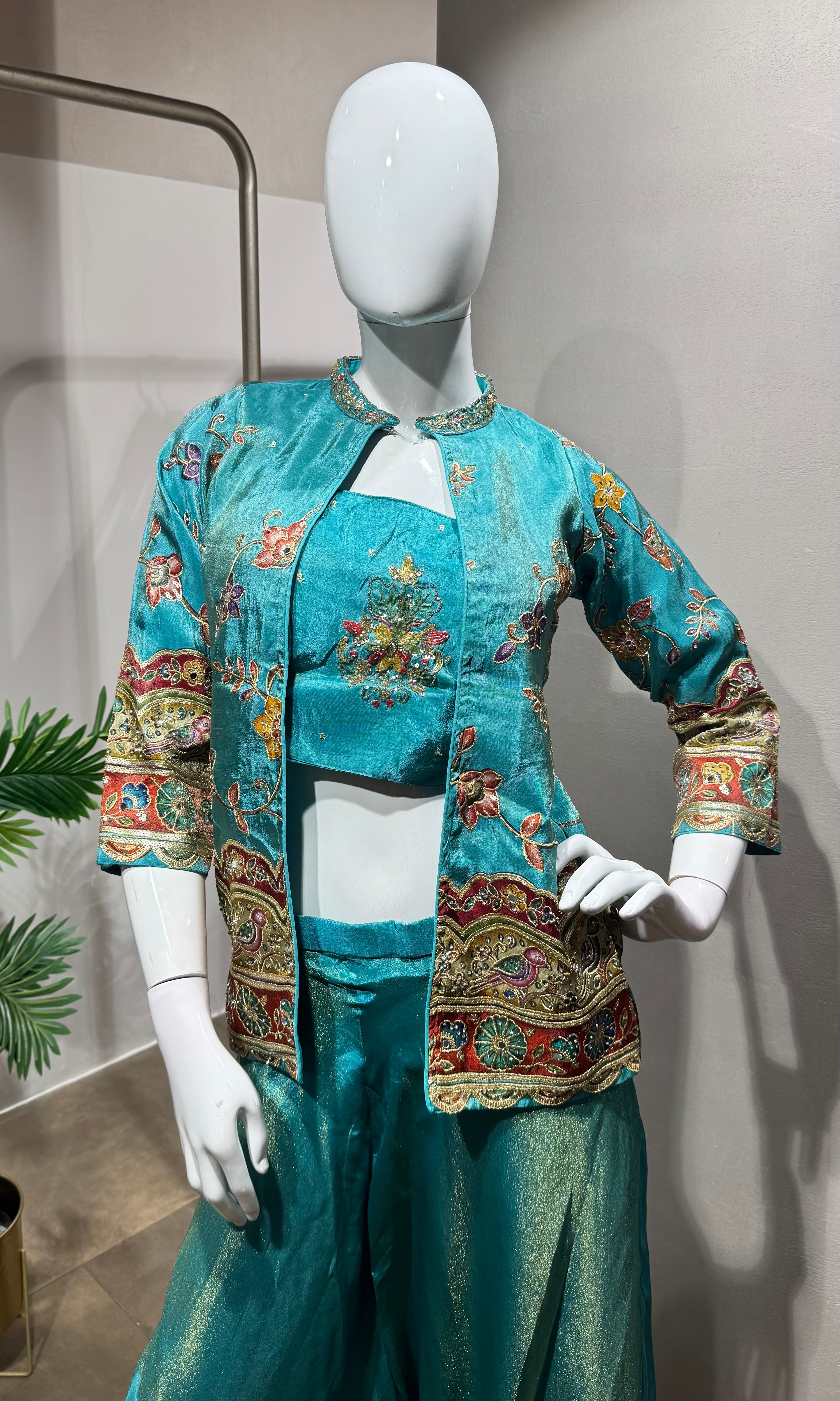 green Silk Jacket Style Palazzo set