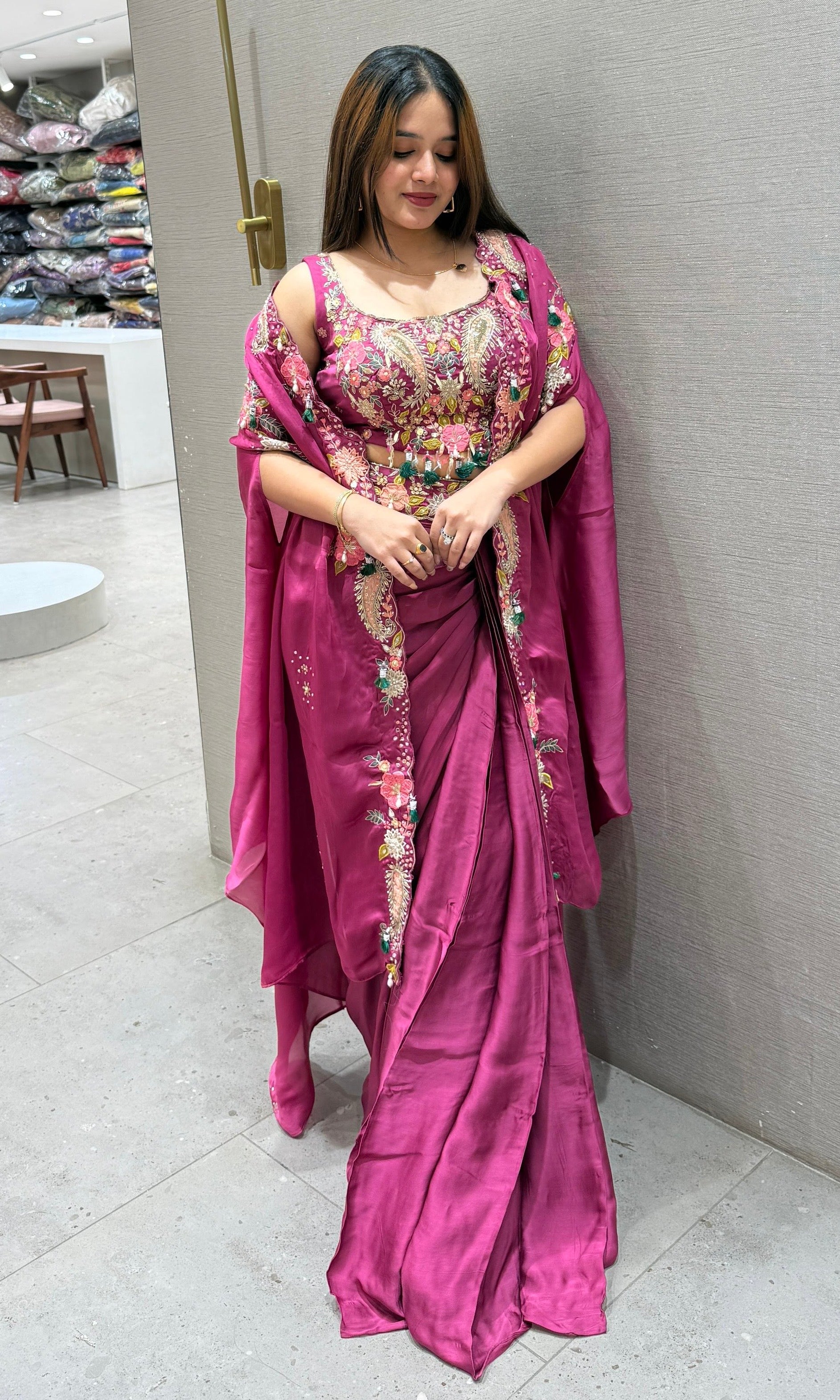 Wine dhoti crop top with cape