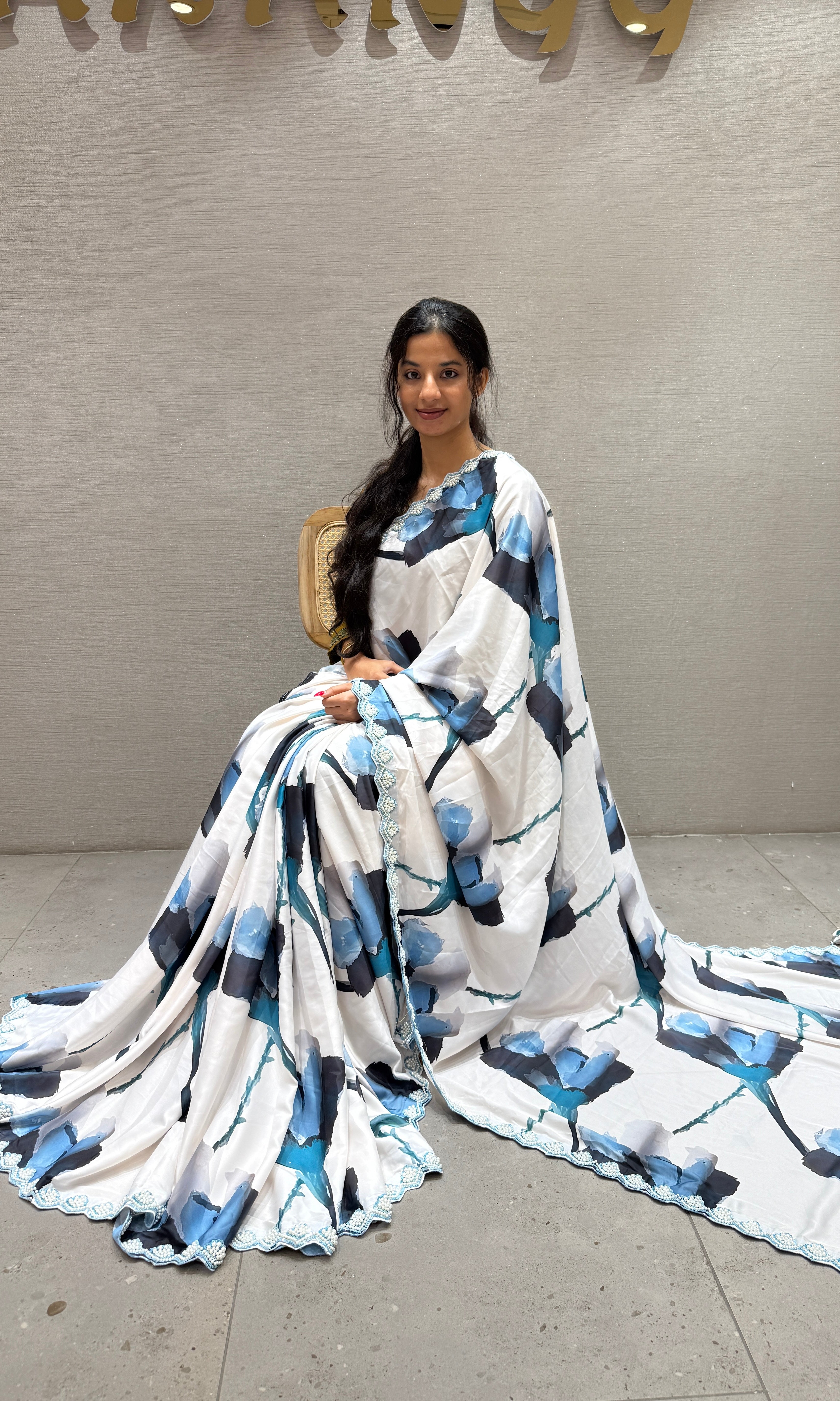 Sea blue and white digital printed satin silk saree with ready pearl work blouse