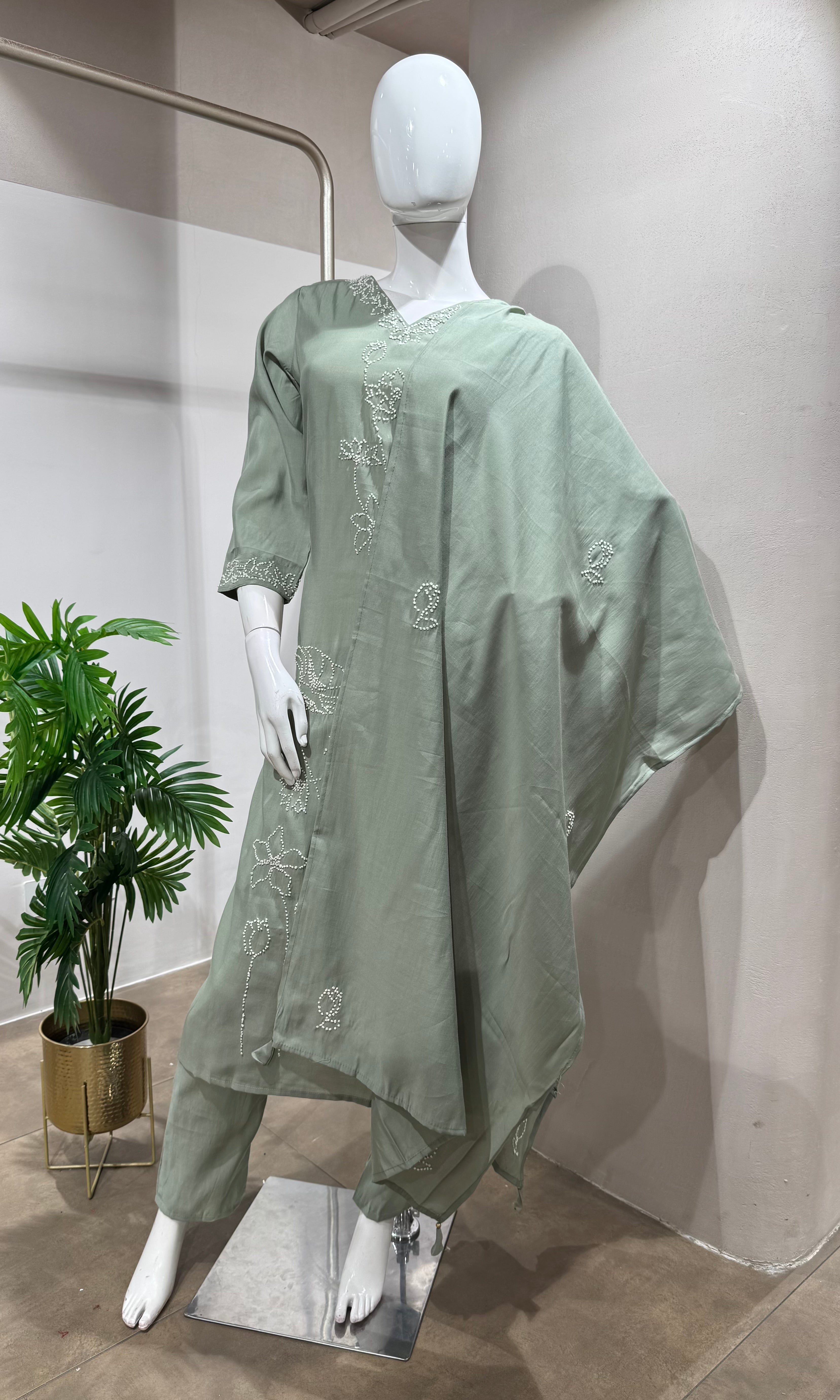 LIGHT Green Floral Embroidered KURTA SET