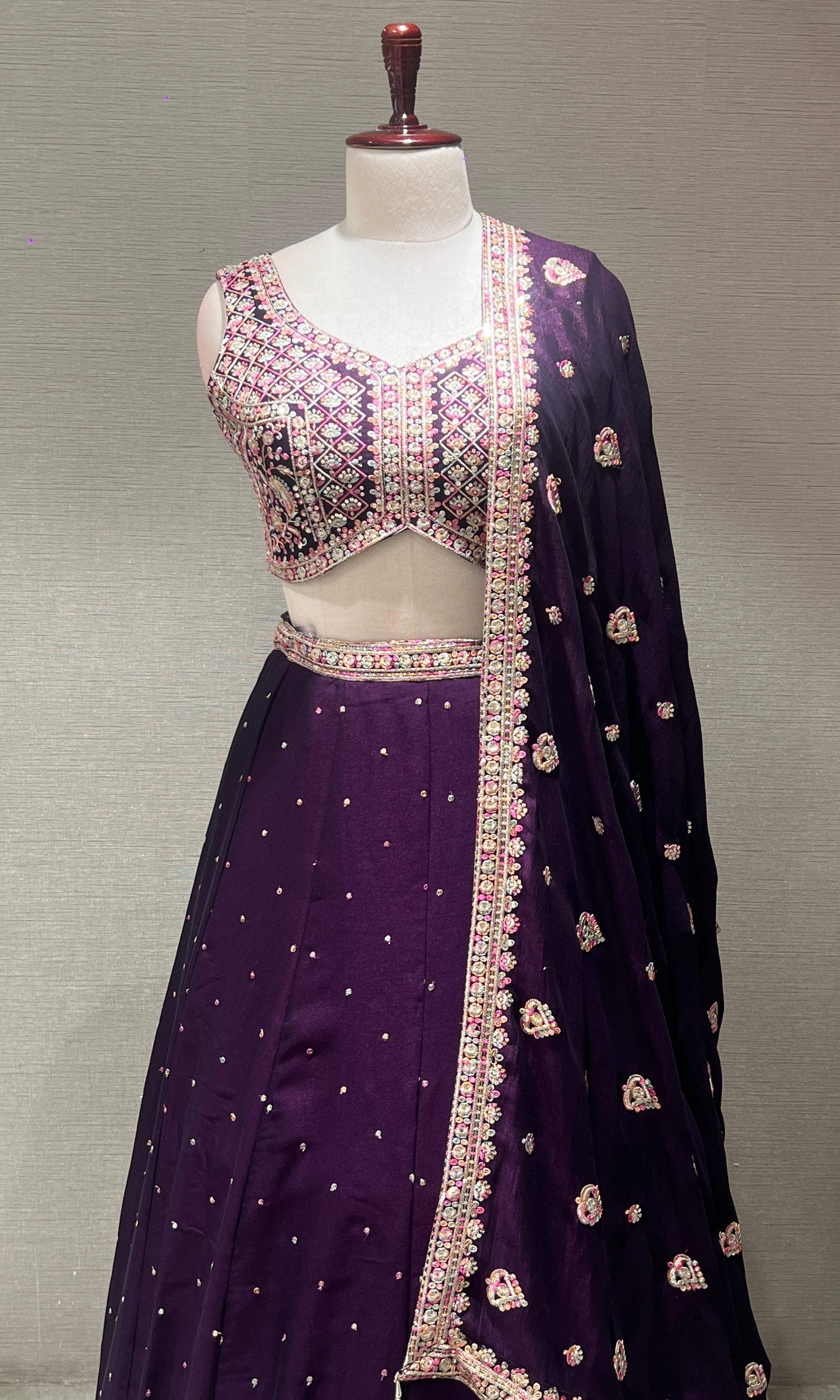 Wine Mirrorwork Embroidered Lehenga Set