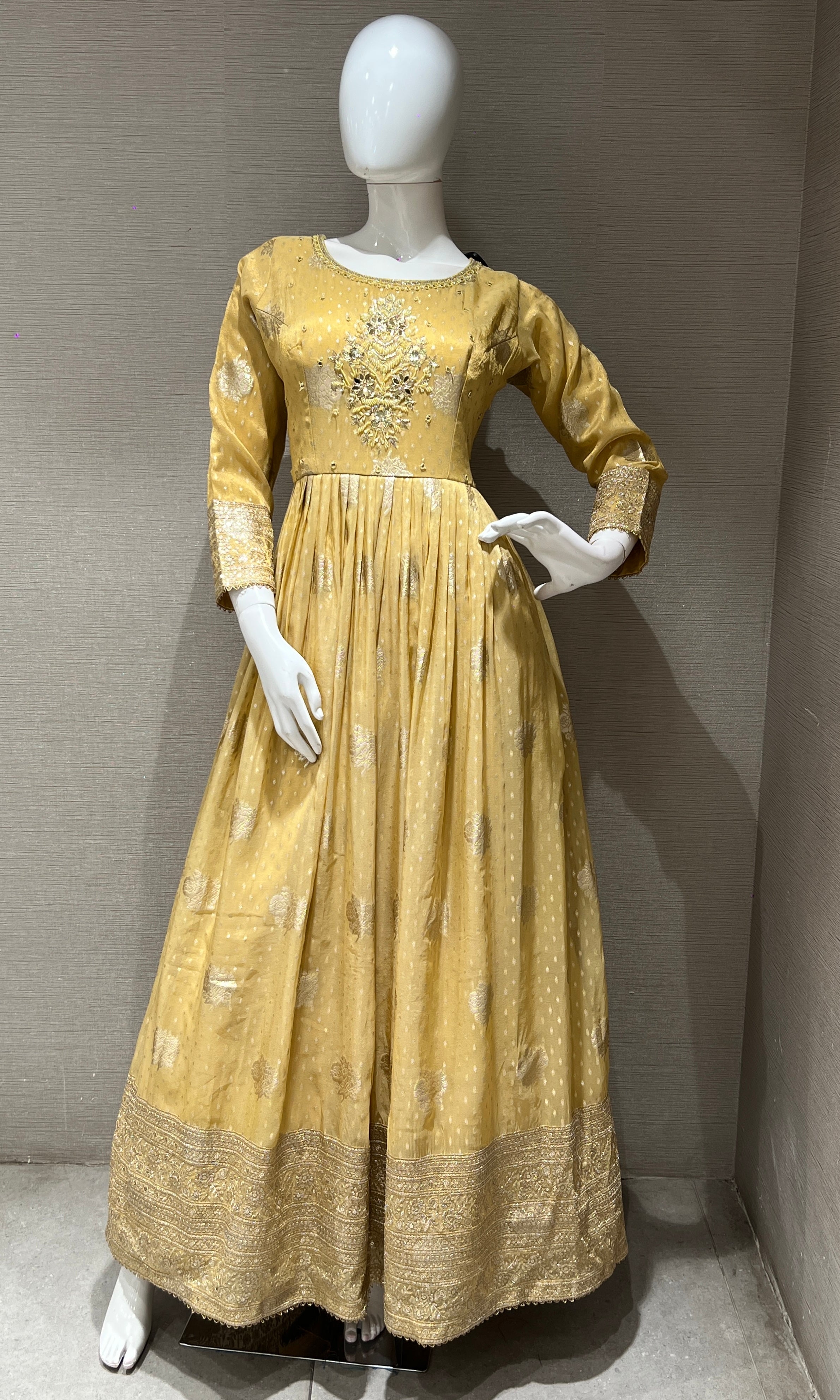 Light Yellow long Gold Embroidered Anarkali