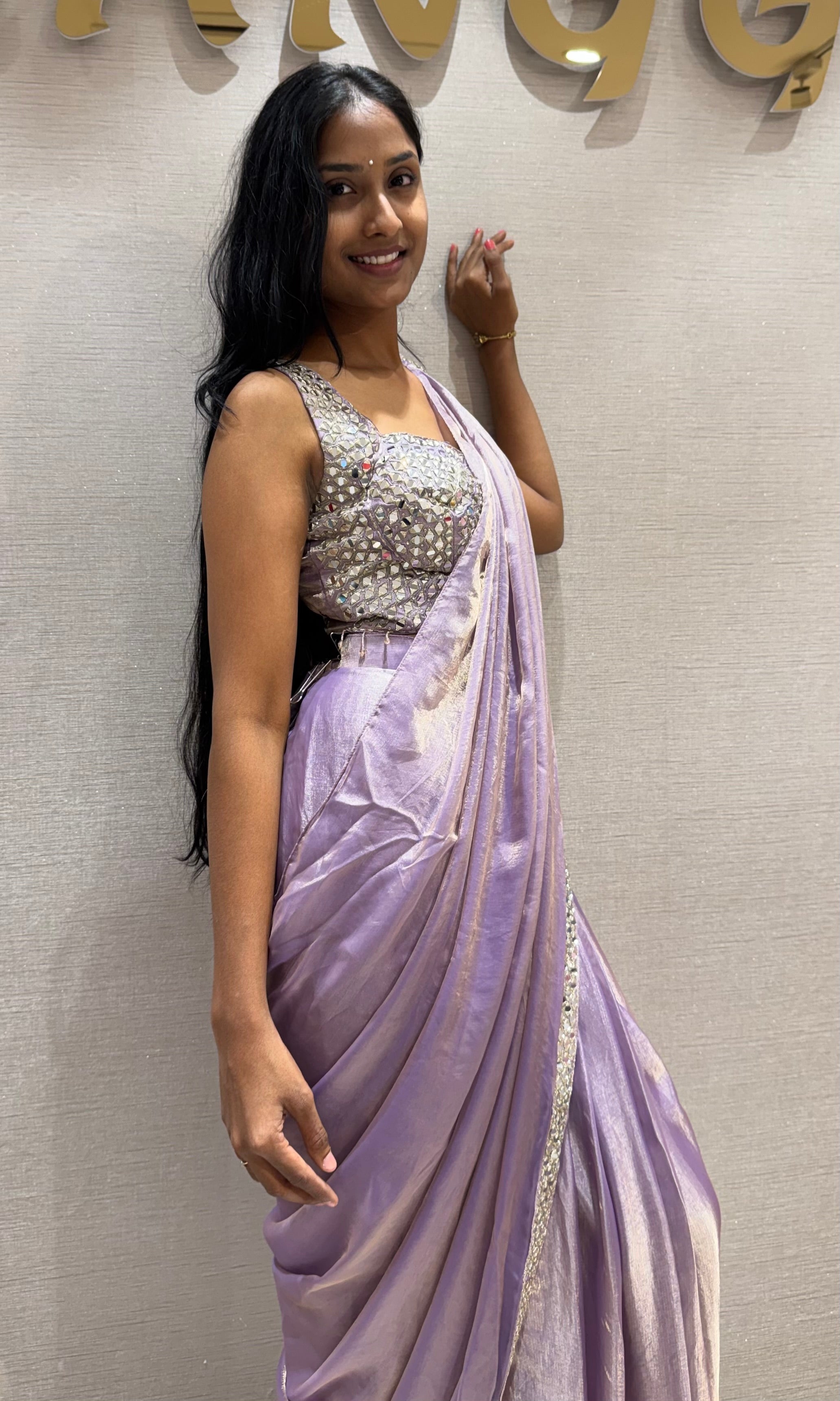 Lilac Metallic Party Wear Saree with Embellished Blouse