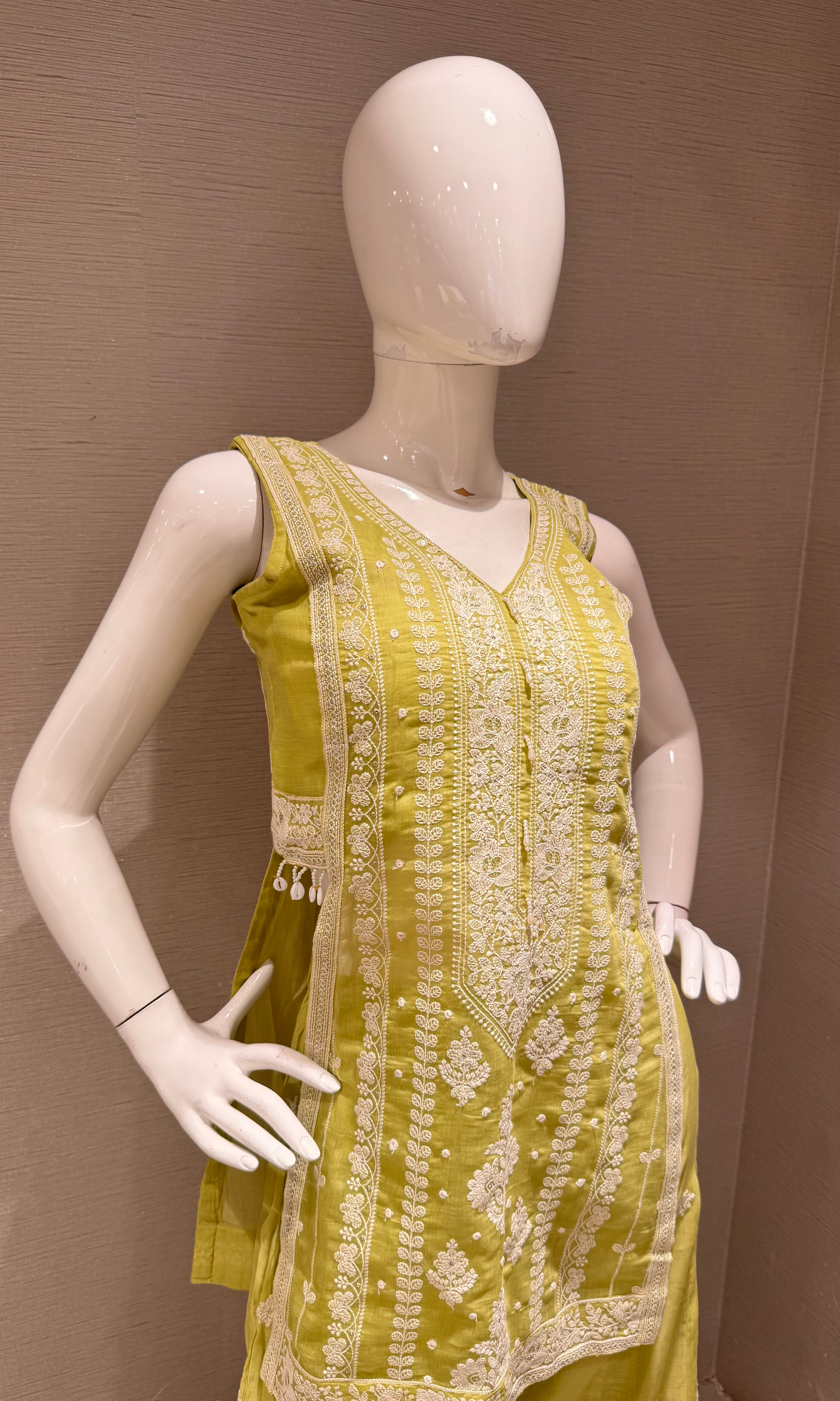 Lime green Embroidered shimmer silk palazzo set