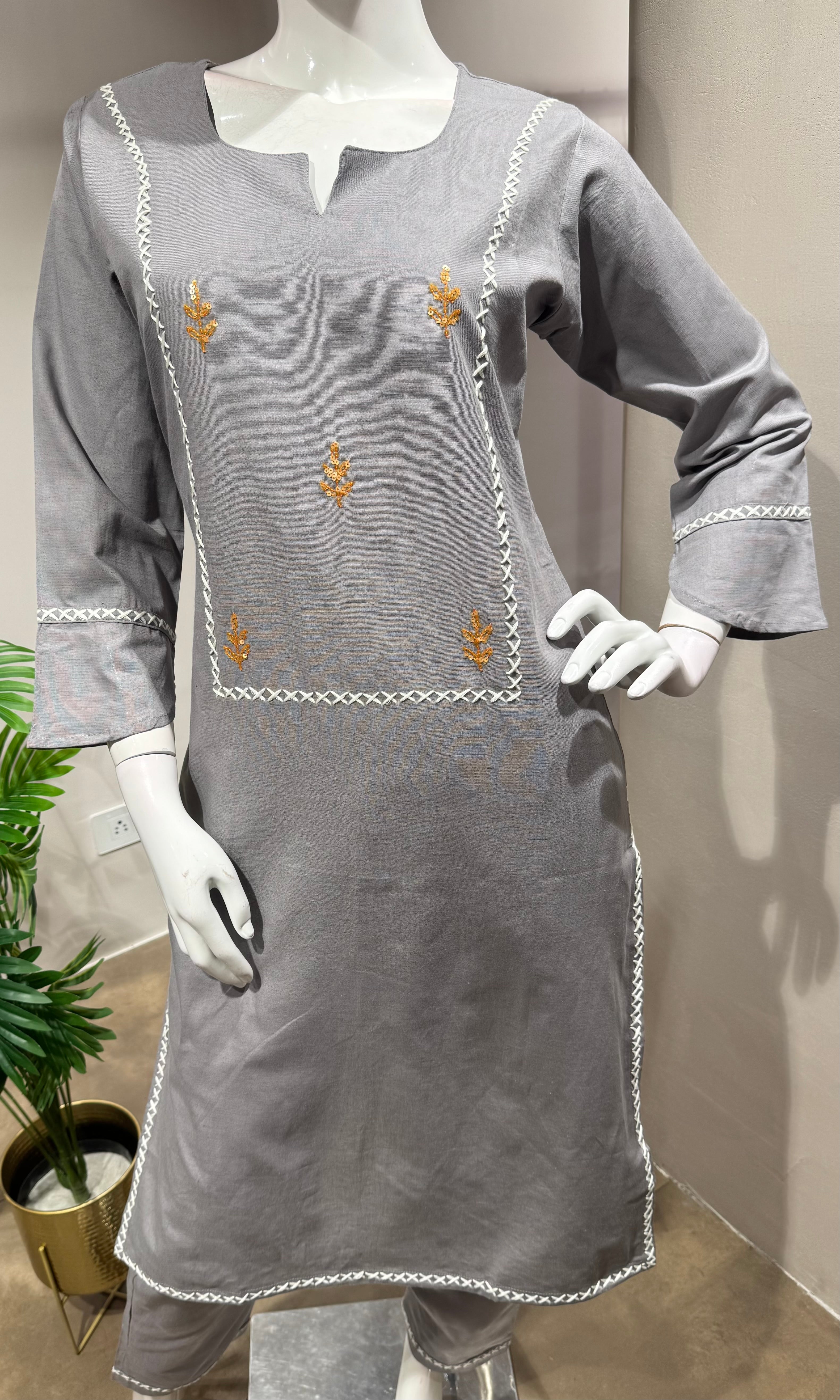 grey embroidered KURTI WITH BOTTOM