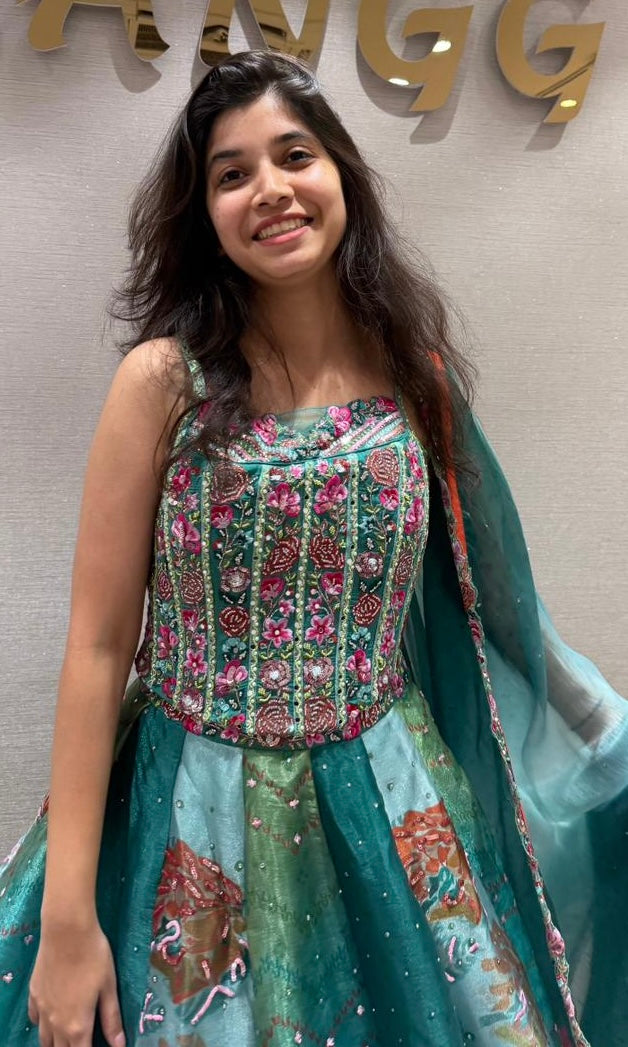 Teal BLUE Bloom Organza Lehenga