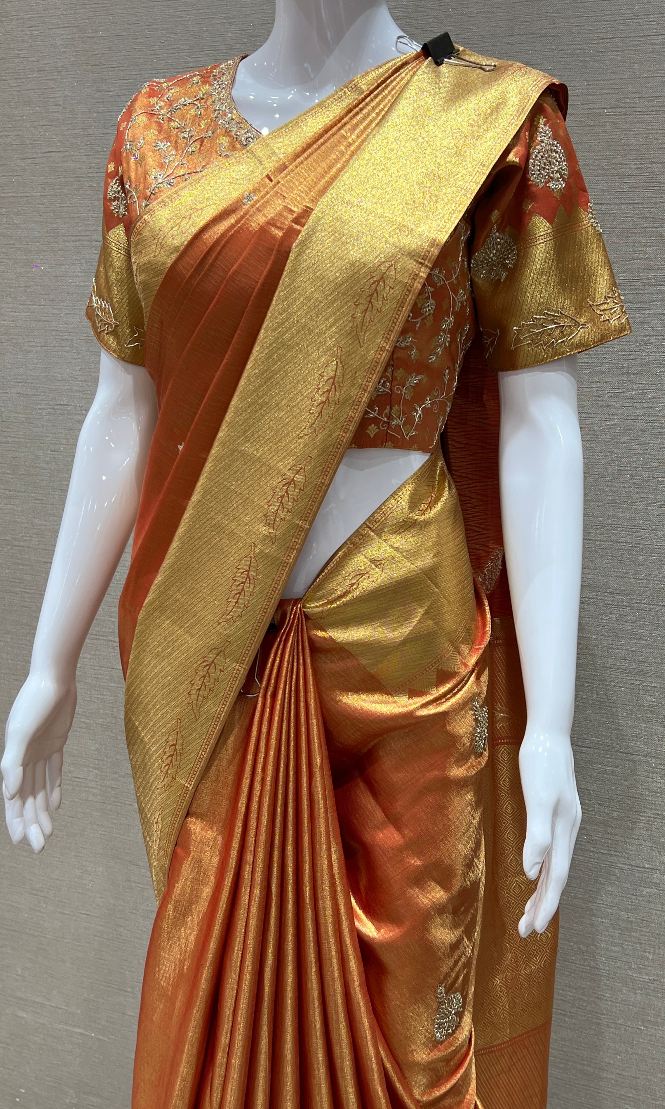 Orange and gold saree with ready blouse